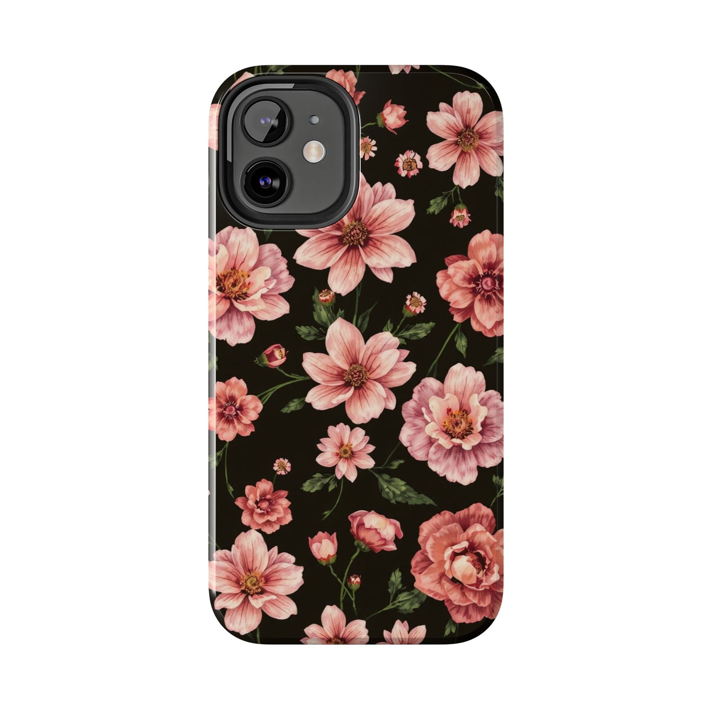 Floral Tough Phone Case - Durable Protection with Elegant Pink Flowers on Black Design - for iPhone