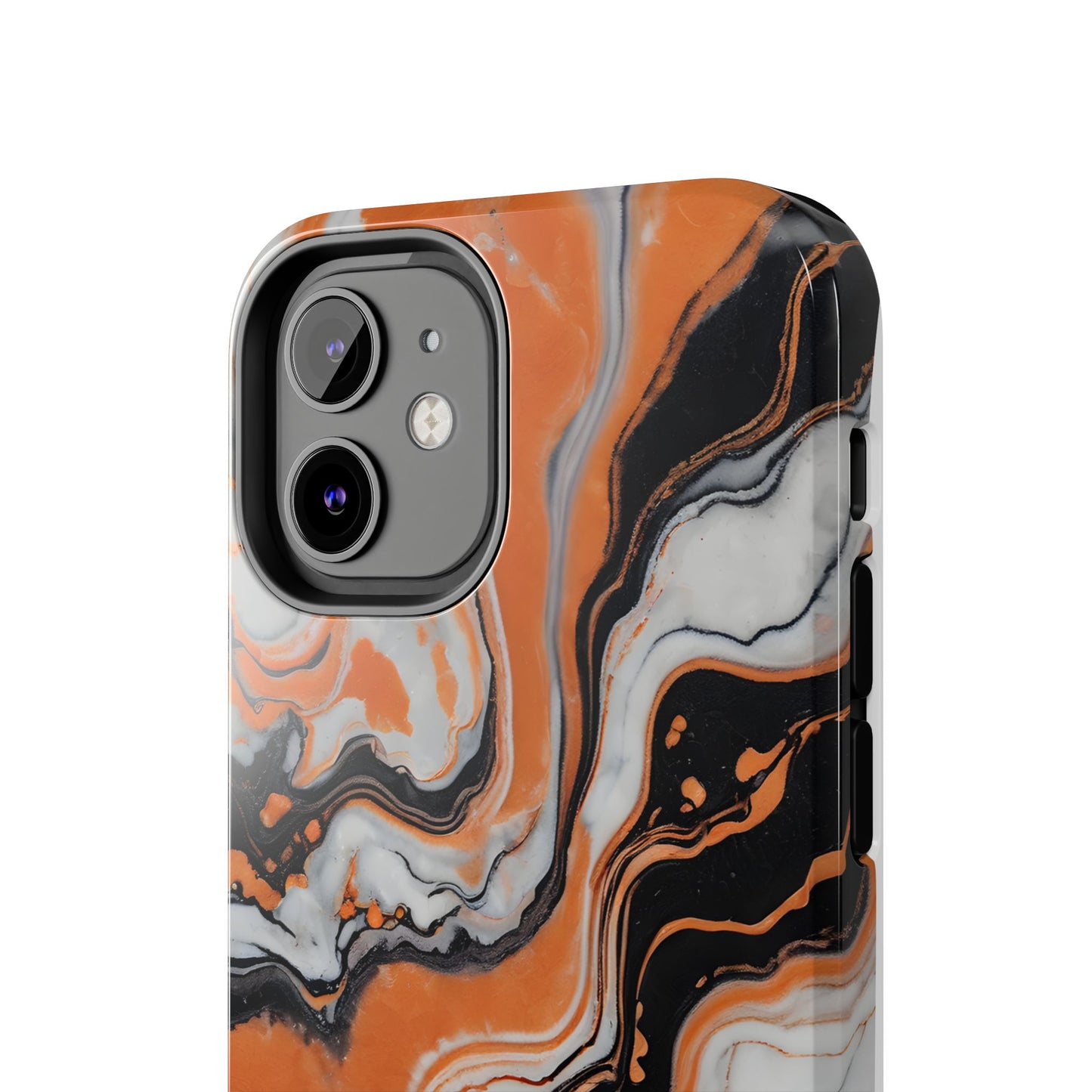 Stylish Tough Phone Case - Elegant Black, White & Orange Marble Design - for iPhone