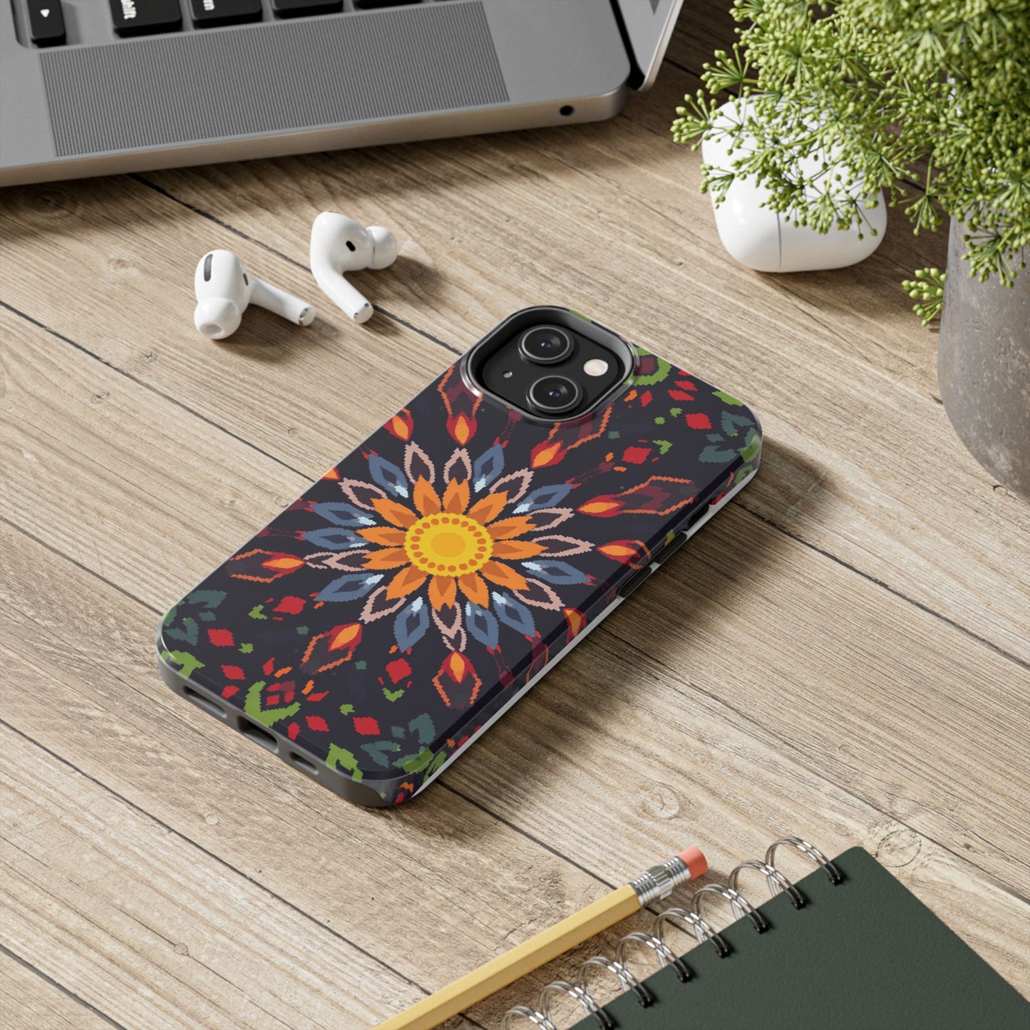 Pixel Art Floral Tough Phone Case - Pixelated Mandala Design for iPhone