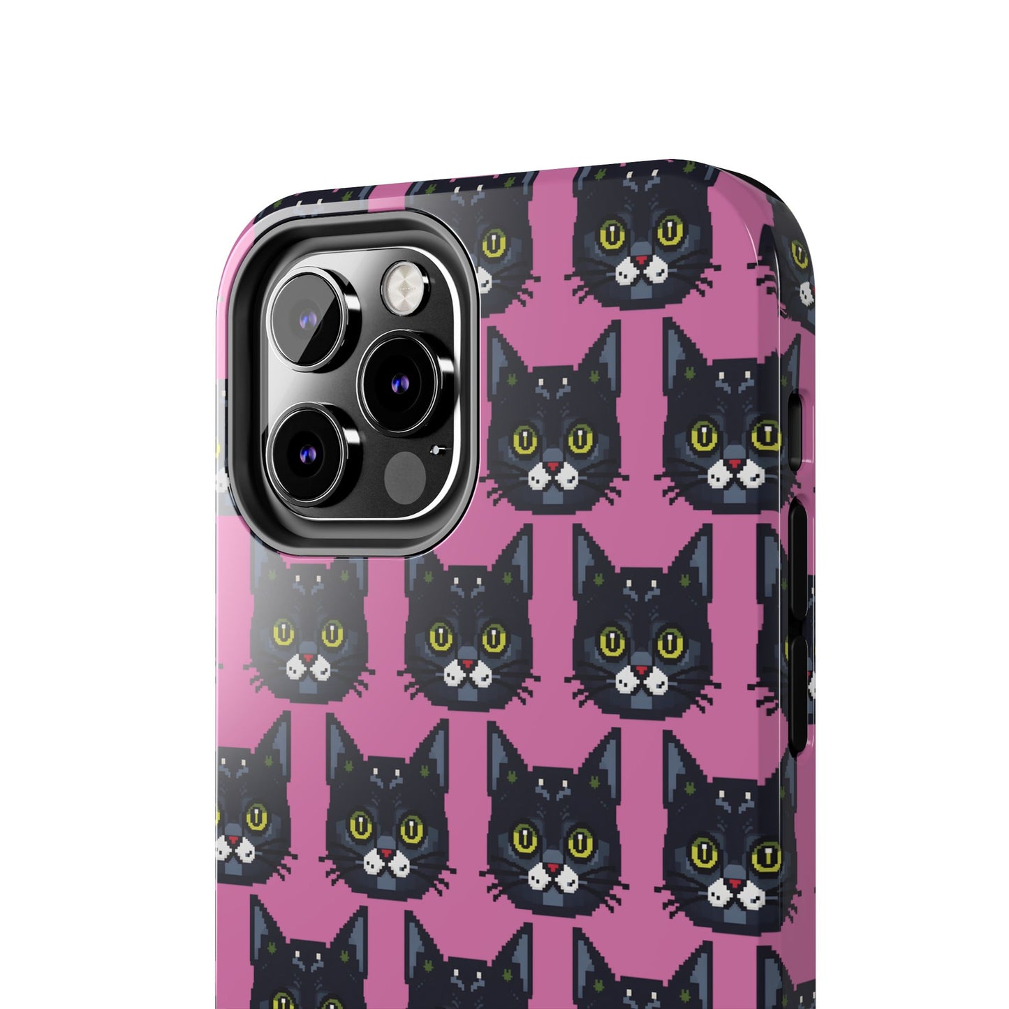 Playful Black Cat on Pink - Tough Phone Case - Pixel Cat Pattern - for iPhone