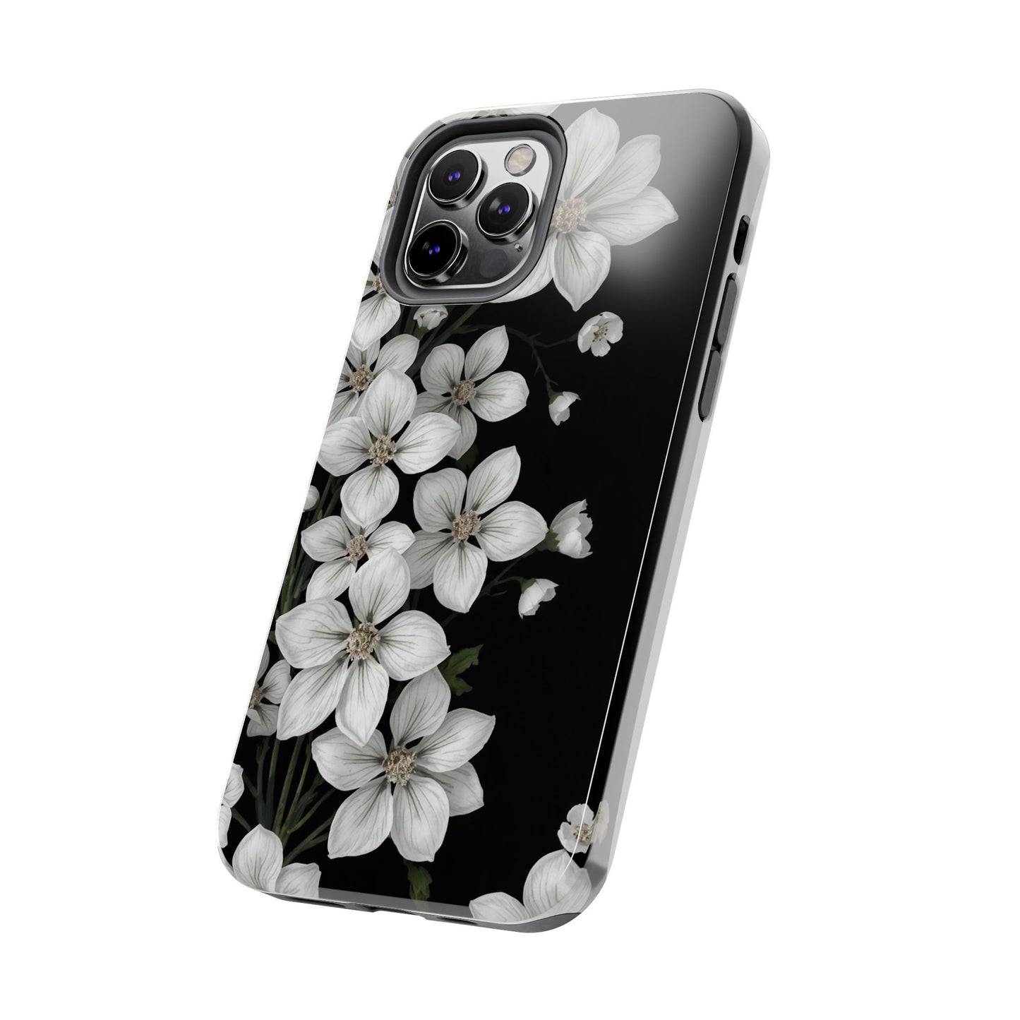 Floral Tough Phone Case - Pure Elegant White Petals on Black Background - for iPhone