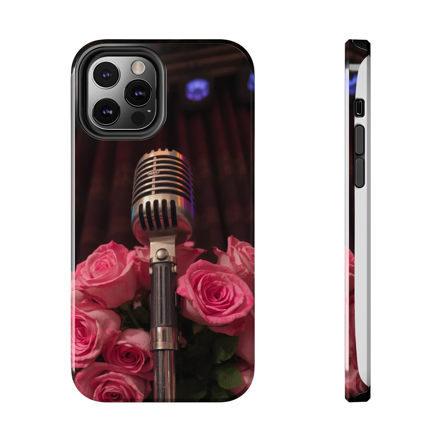 Stylish Tough Phone Case with Vintage Microphone and Roses