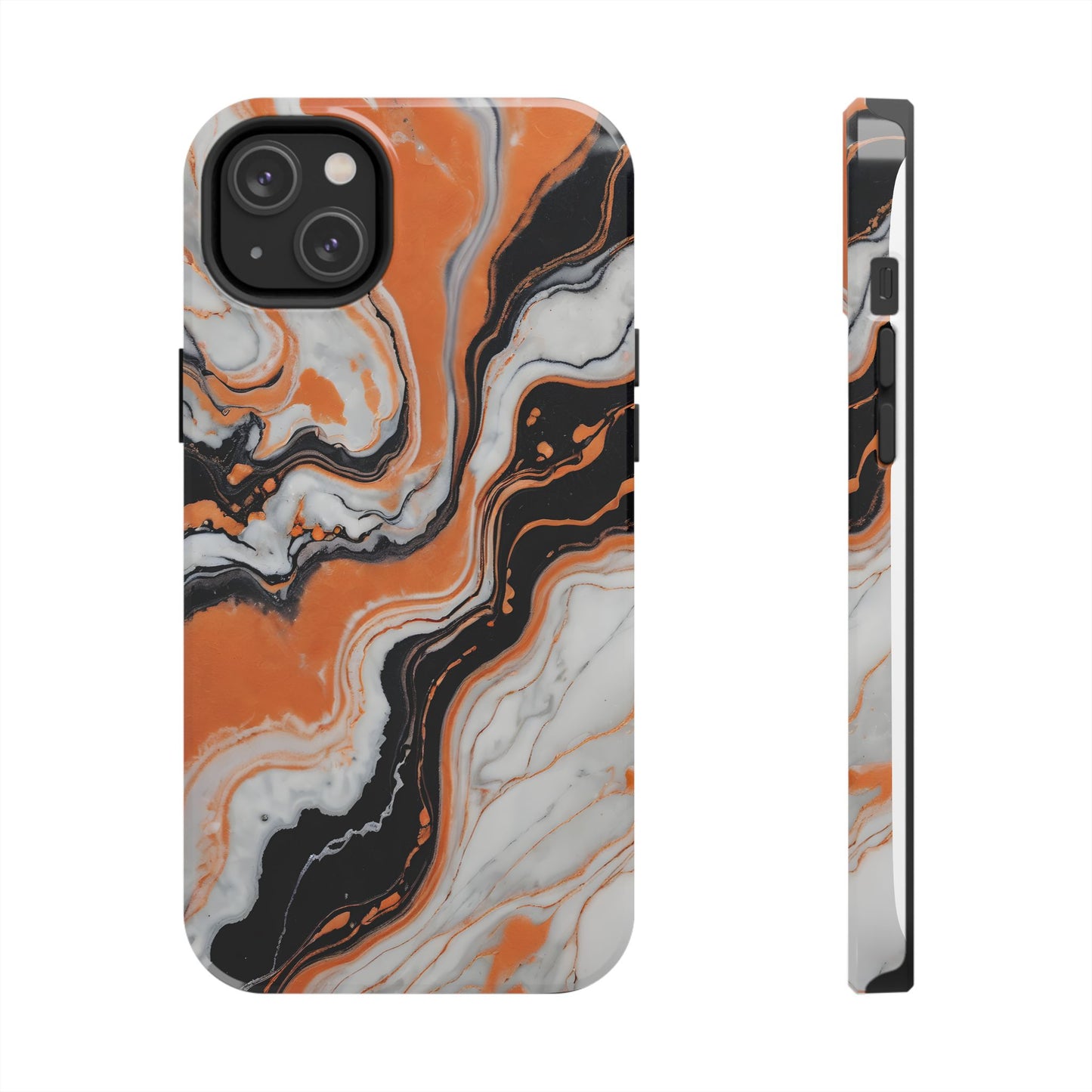 Stylish Tough Phone Case - Elegant Black, White & Orange Marble Design - for iPhone