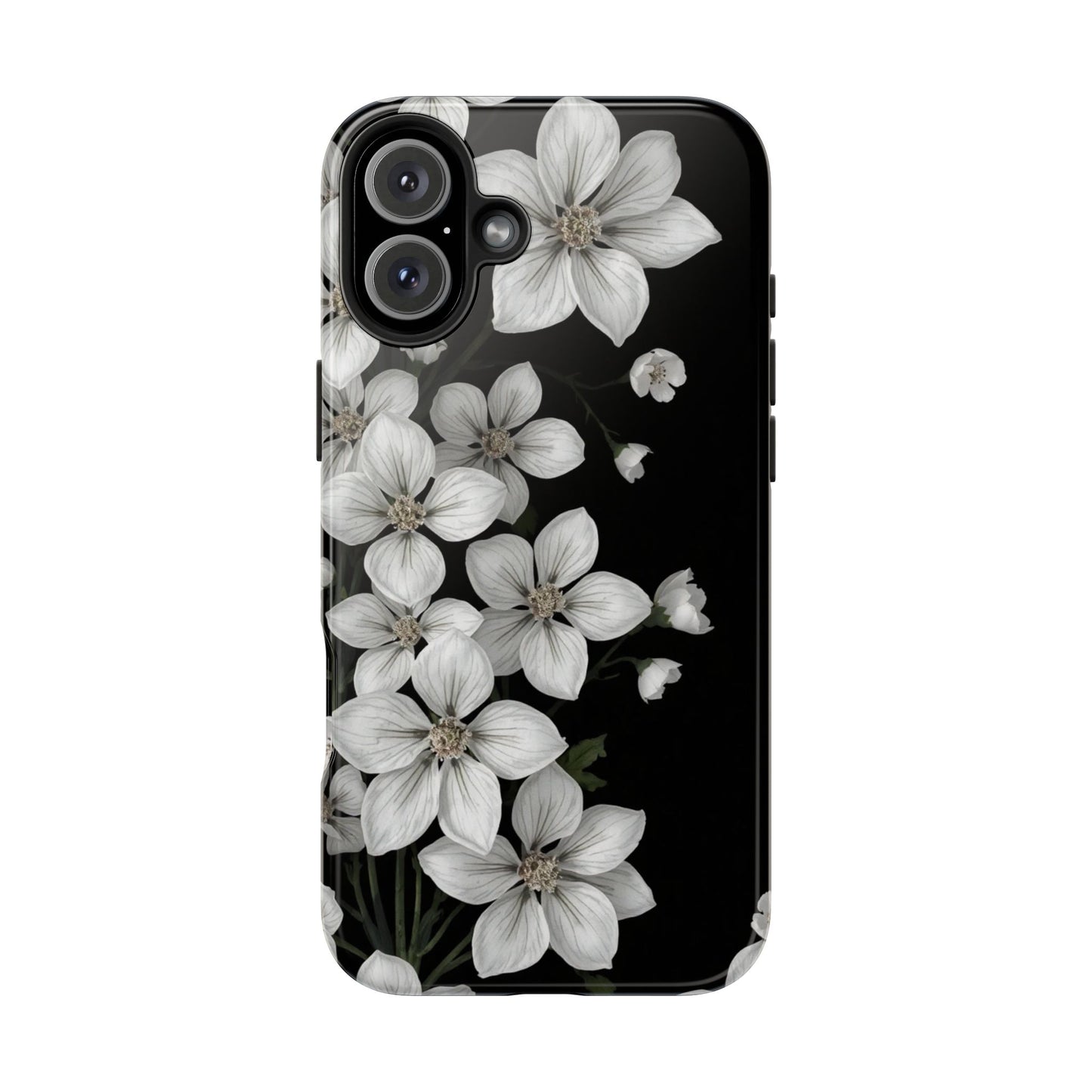Floral Tough Phone Case - Pure Elegant White Petals on Black Background - for iPhone