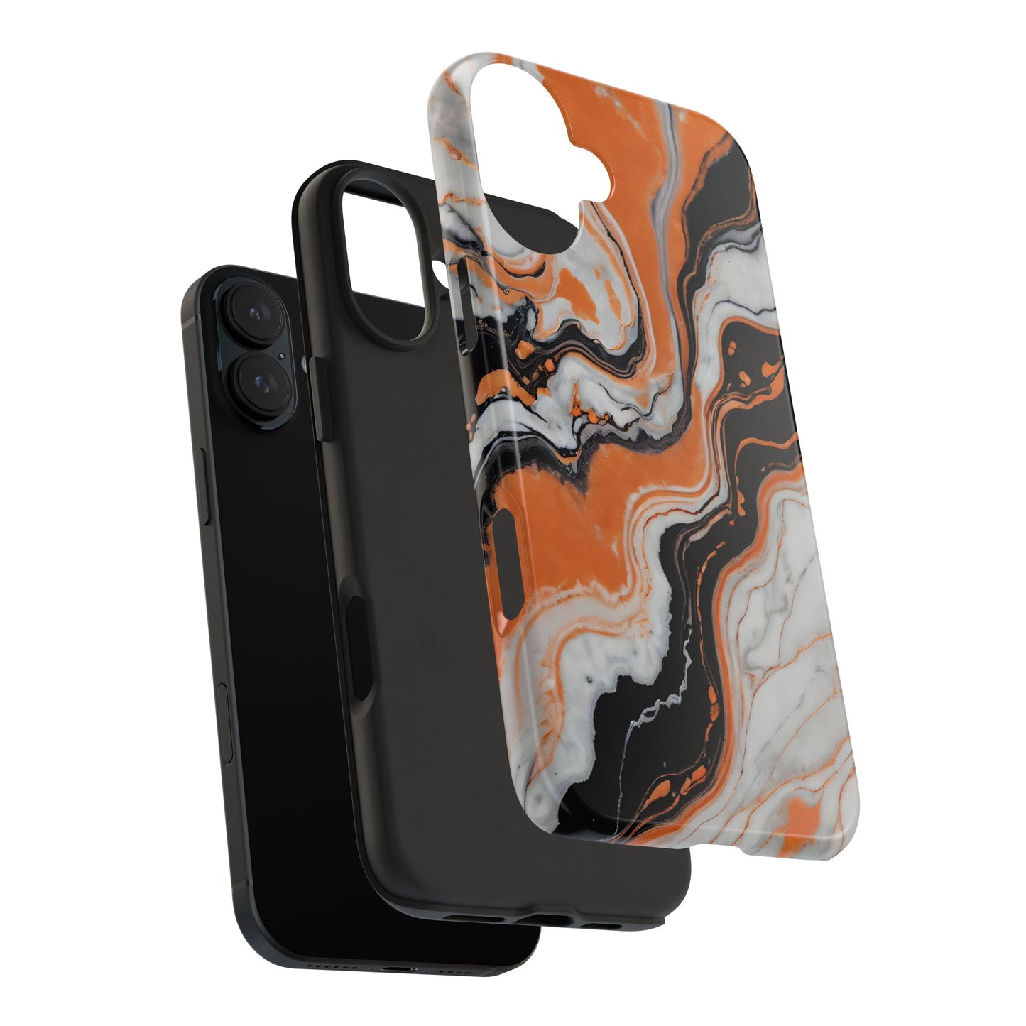 Stylish Tough Phone Case - Elegant Black, White & Orange Marble Design - for iPhone
