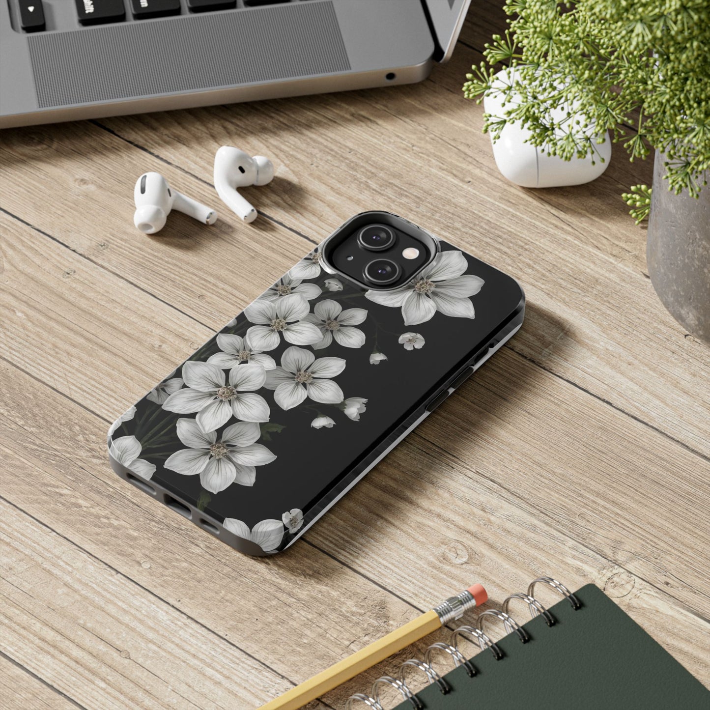 Floral Tough Phone Case - Pure Elegant White Petals on Black Background - for iPhone