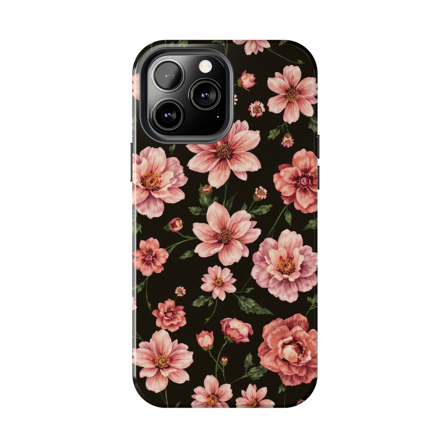 Floral Tough Phone Case - Durable Protection with Elegant Pink Flowers on Black Design - for iPhone