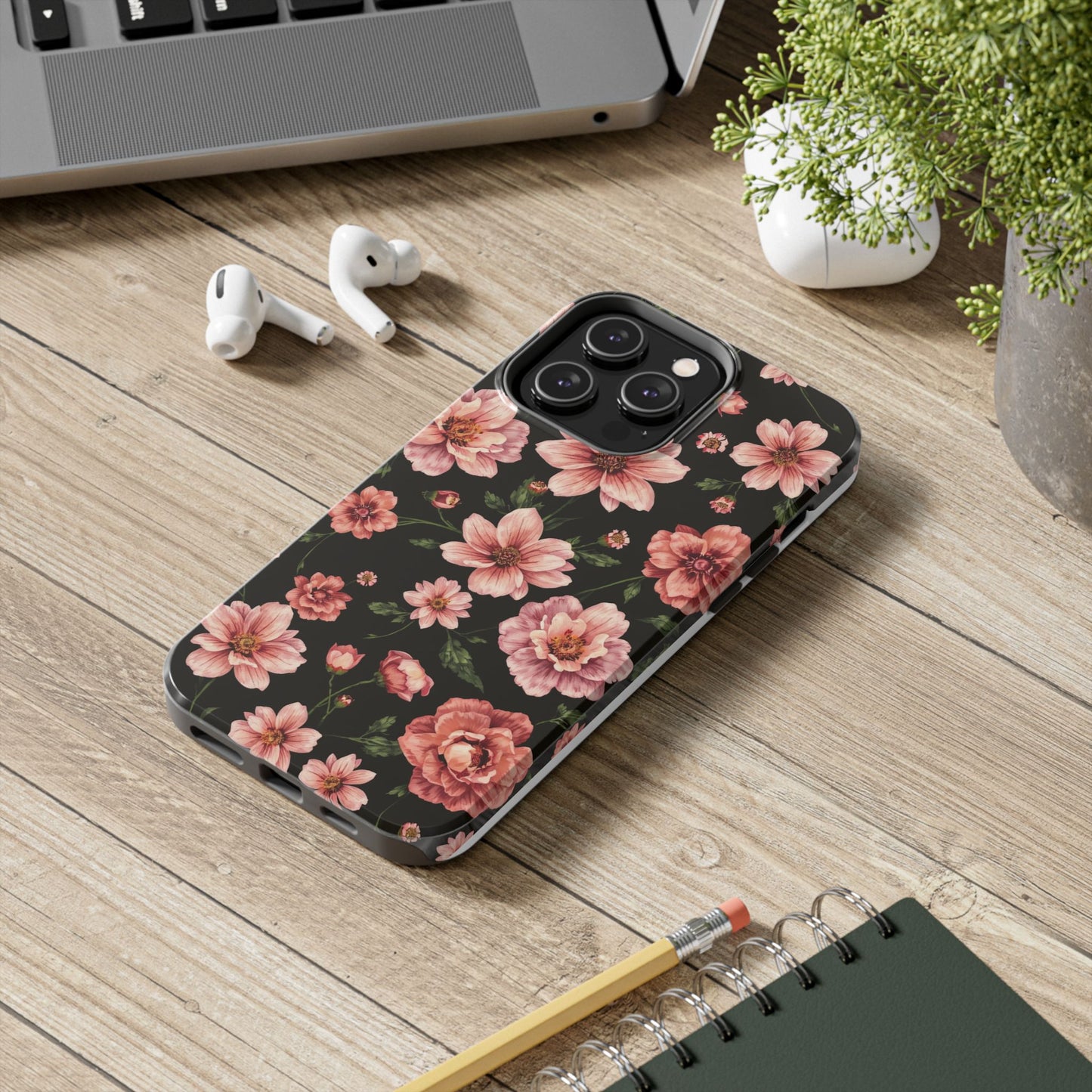 Floral Tough Phone Case - Durable Protection with Elegant Pink Flowers on Black Design - for iPhone