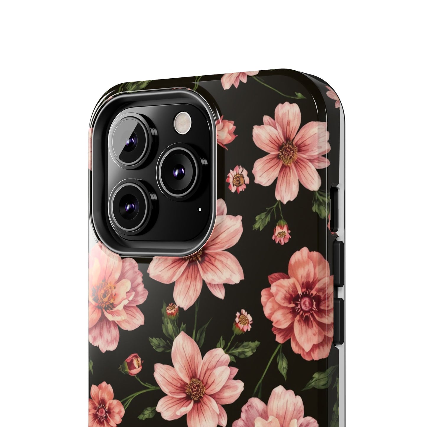 Floral Tough Phone Case - Durable Protection with Elegant Pink Flowers on Black Design - for iPhone