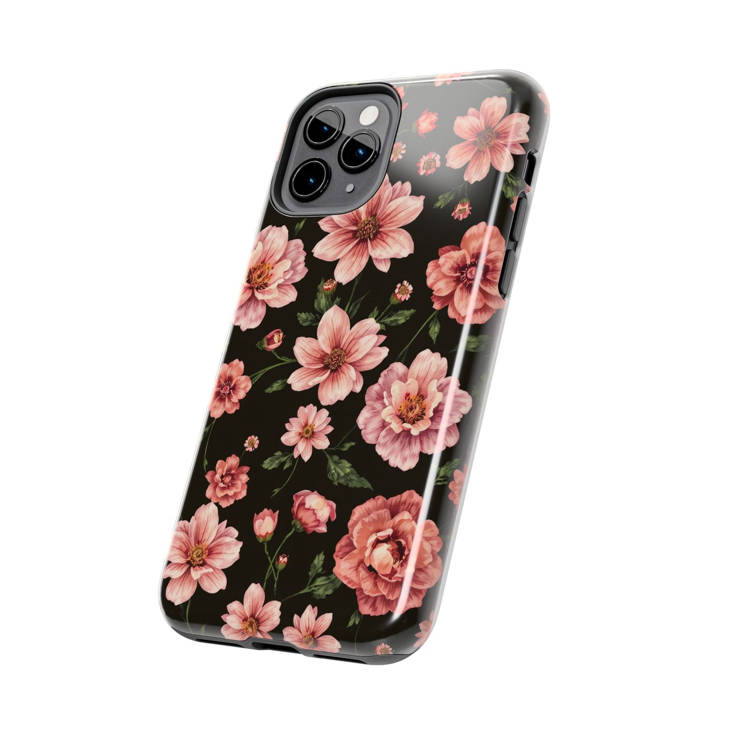 Floral Tough Phone Case - Durable Protection with Elegant Pink Flowers on Black Design - for iPhone