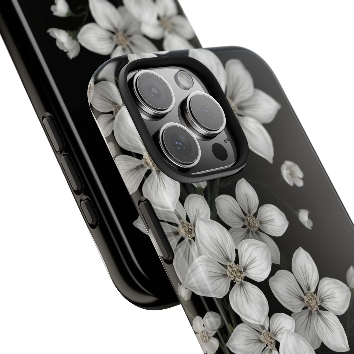 Floral Tough Phone Case - Pure Elegant White Petals on Black Background - for iPhone