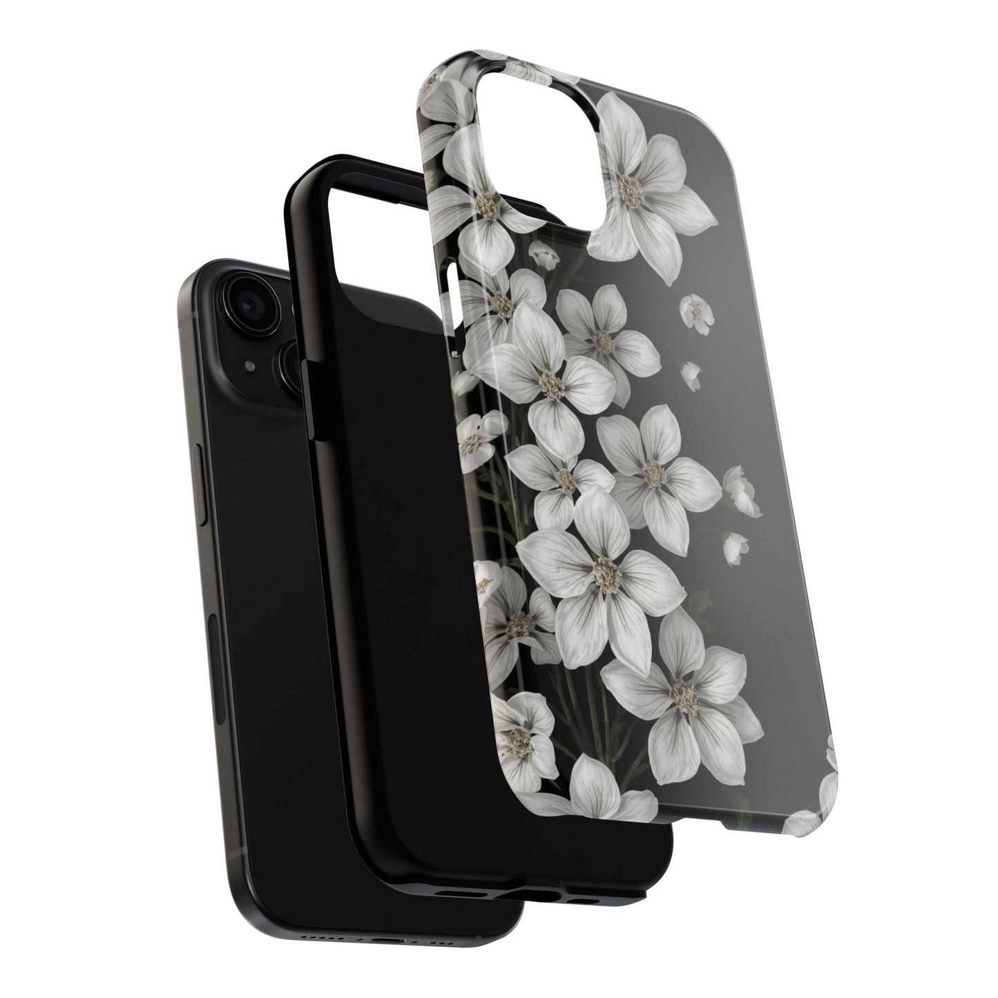 Floral Tough Phone Case - Pure Elegant White Petals on Black Background - for iPhone