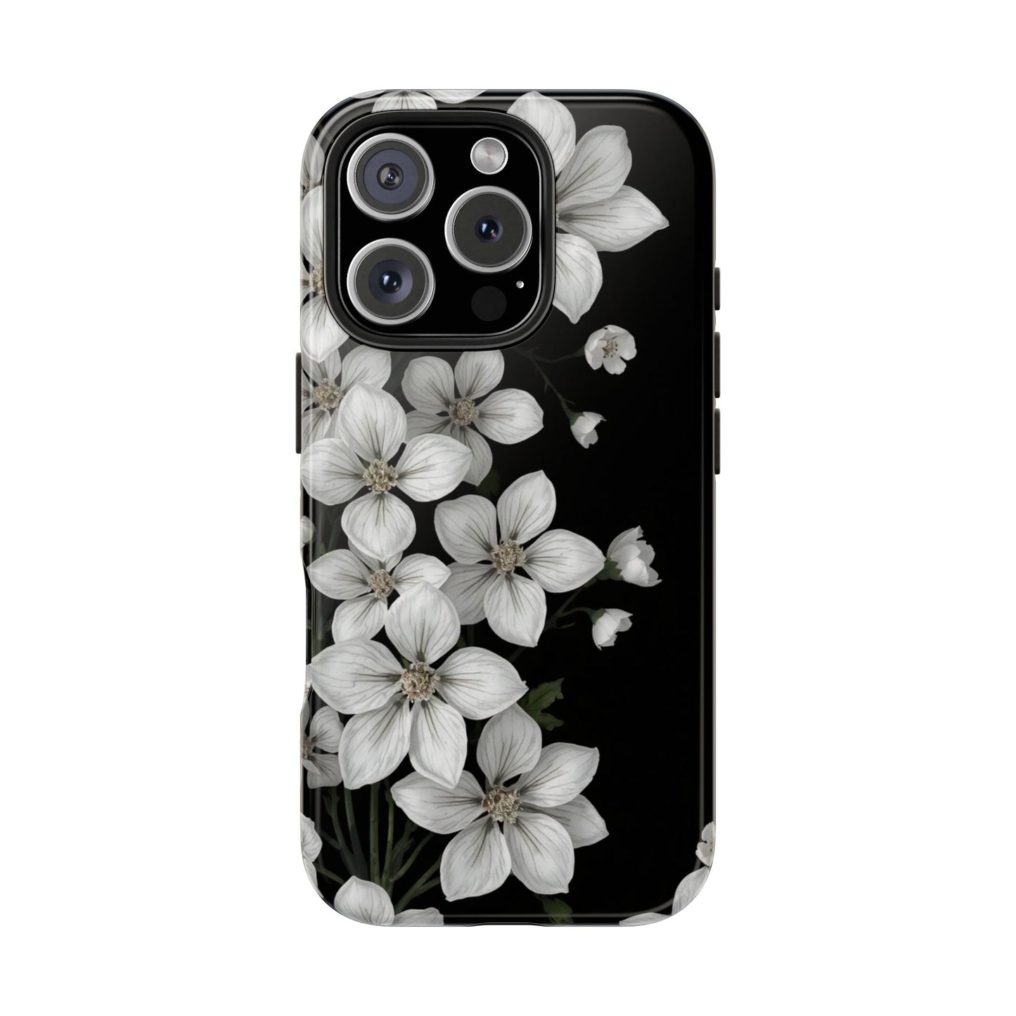 Floral Tough Phone Case - Pure Elegant White Petals on Black Background - for iPhone