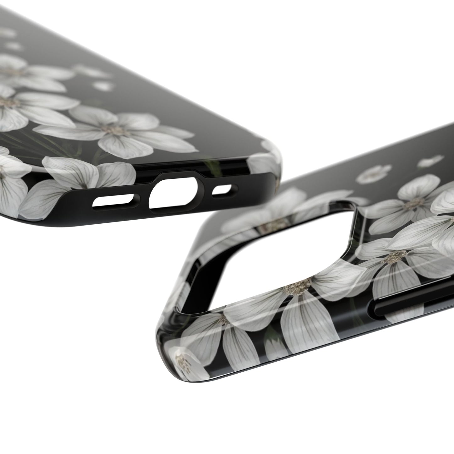 Floral Tough Phone Case - Pure Elegant White Petals on Black Background - for iPhone