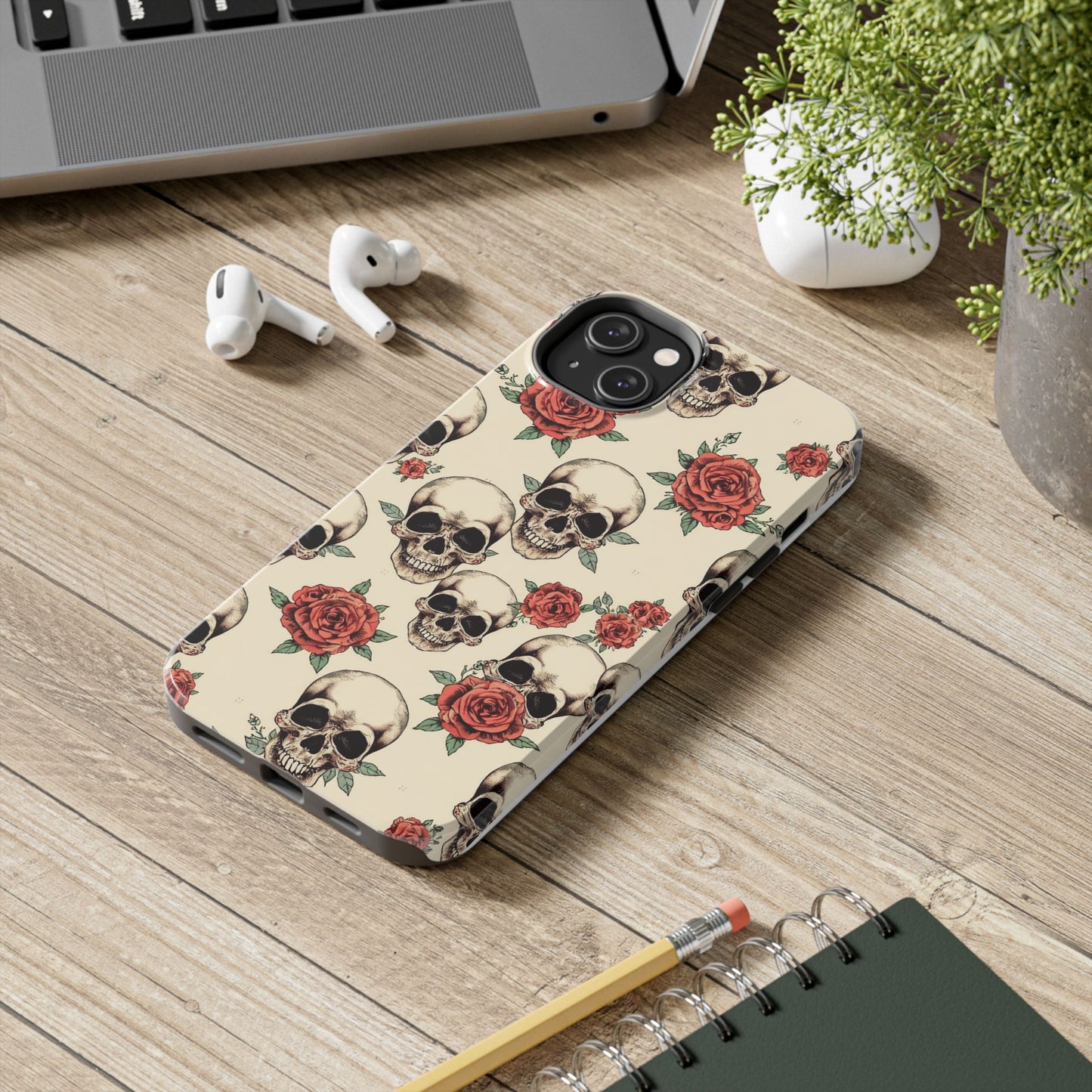 Tough Phone Case with Skull and Rose Design - Edgy Floral iPhone Protection