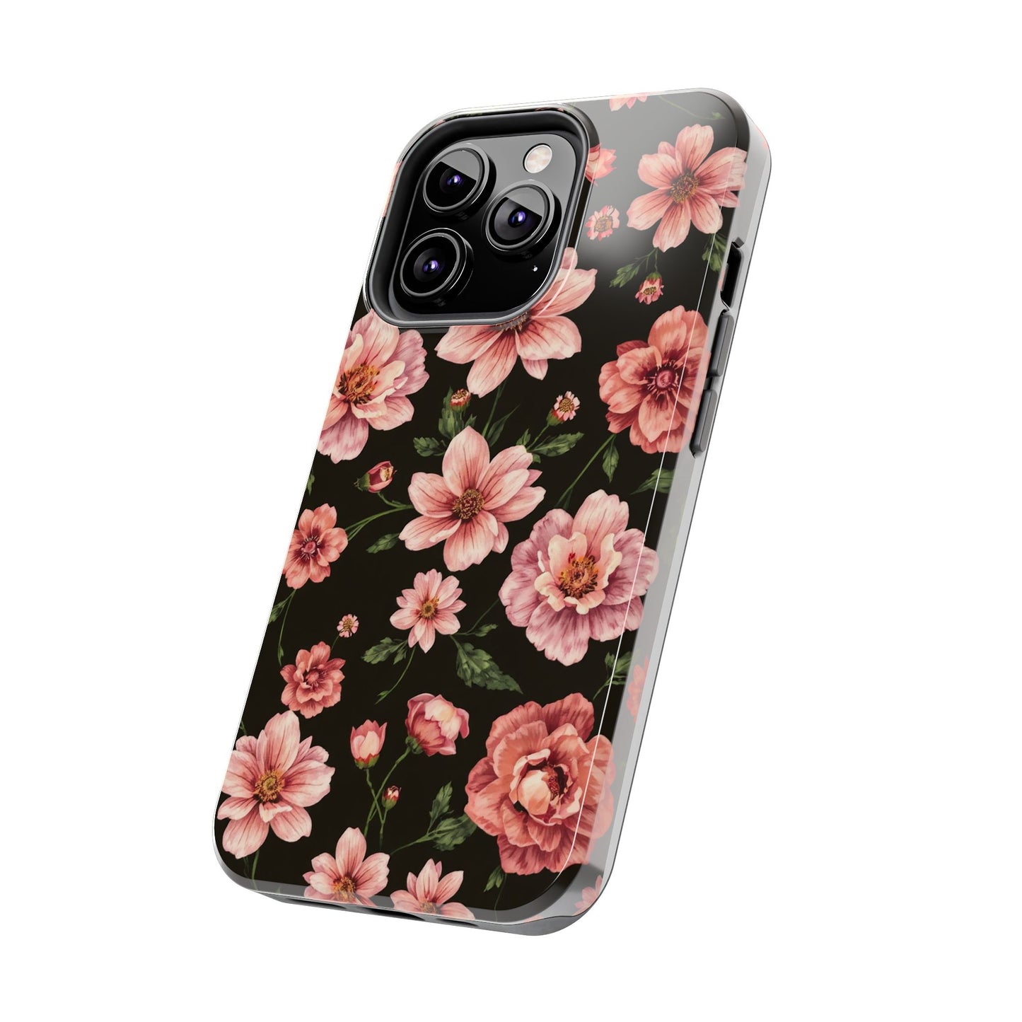 Floral Tough Phone Case - Durable Protection with Elegant Pink Flowers on Black Design - for iPhone