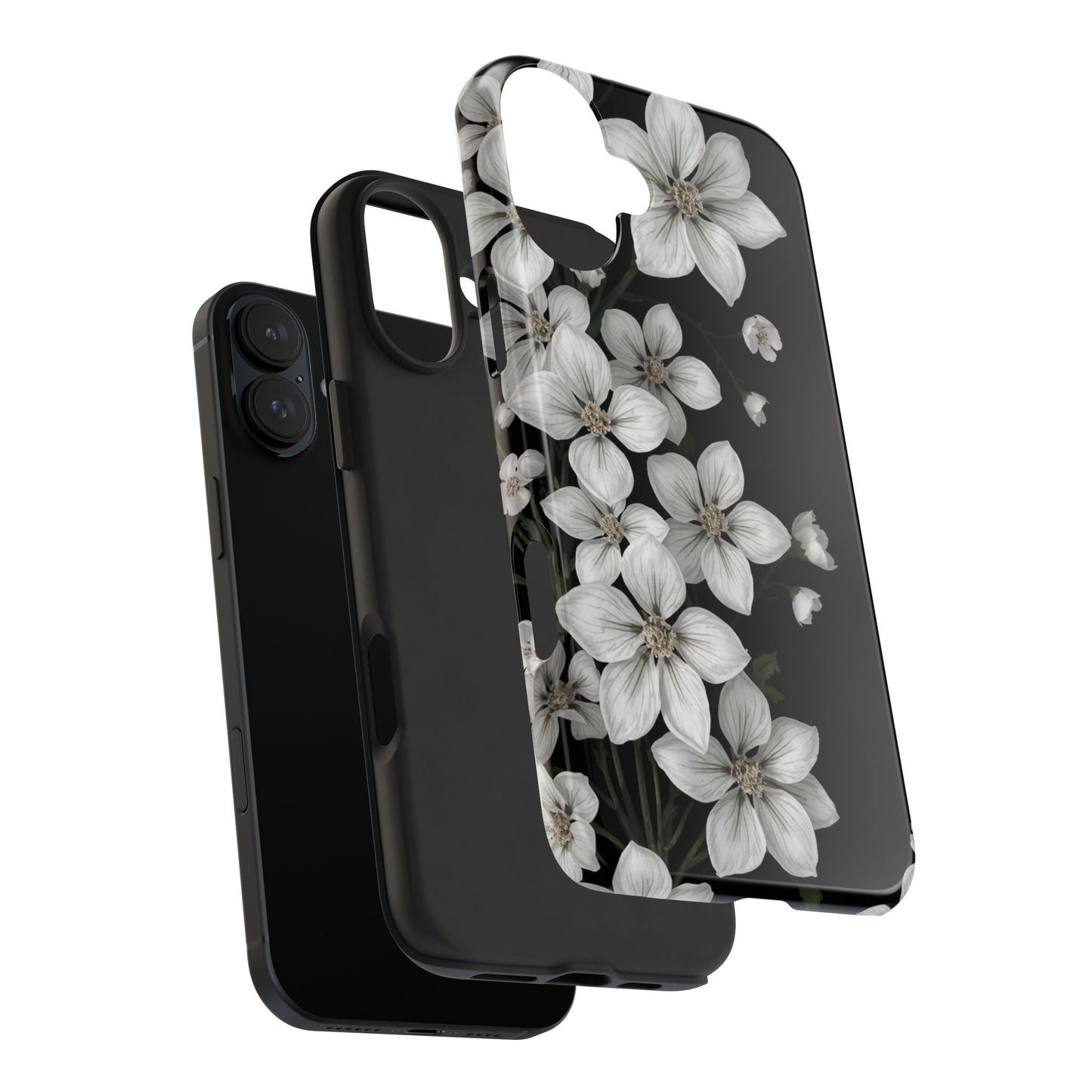Floral Tough Phone Case - Pure Elegant White Petals on Black Background - for iPhone