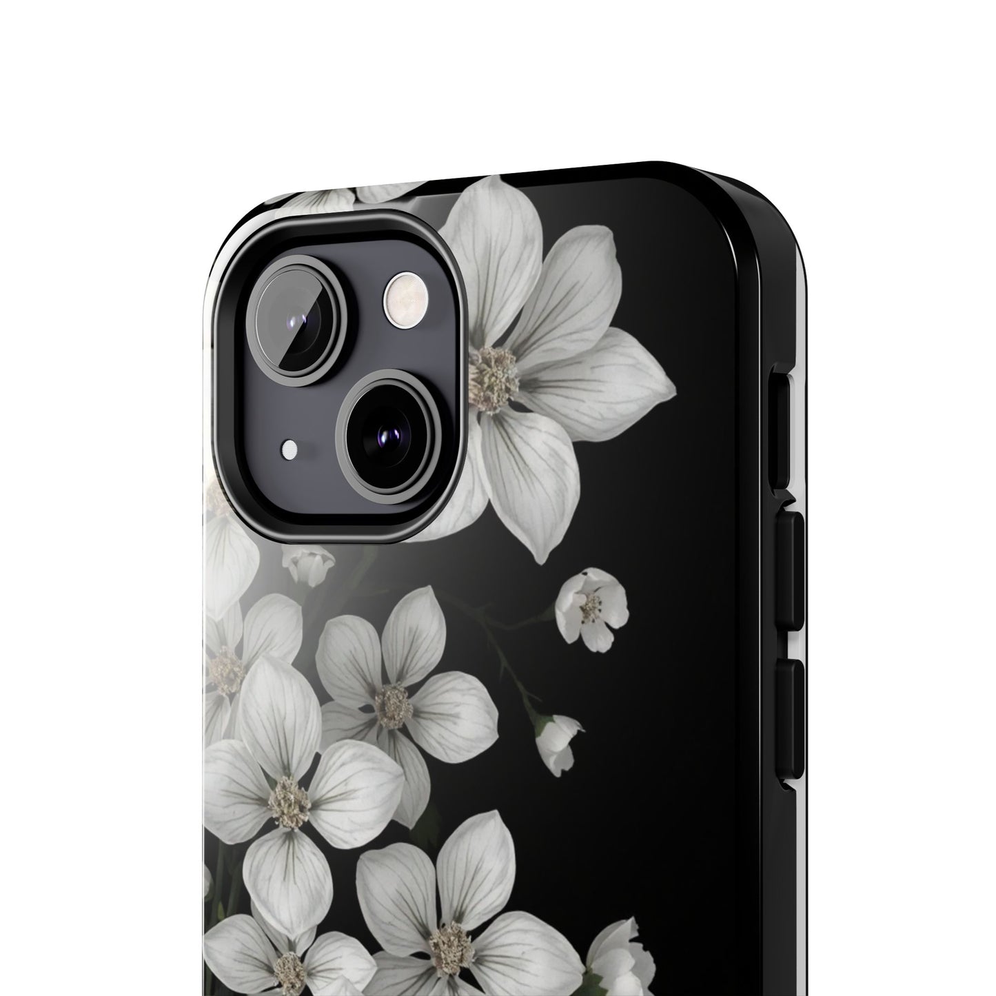 Floral Tough Phone Case - Pure Elegant White Petals on Black Background - for iPhone