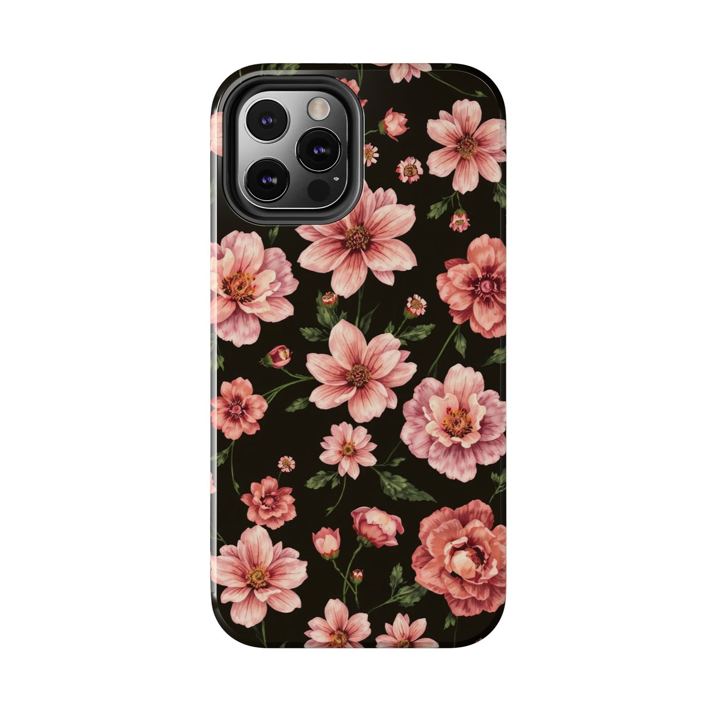 Floral Tough Phone Case - Durable Protection with Elegant Pink Flowers on Black Design - for iPhone