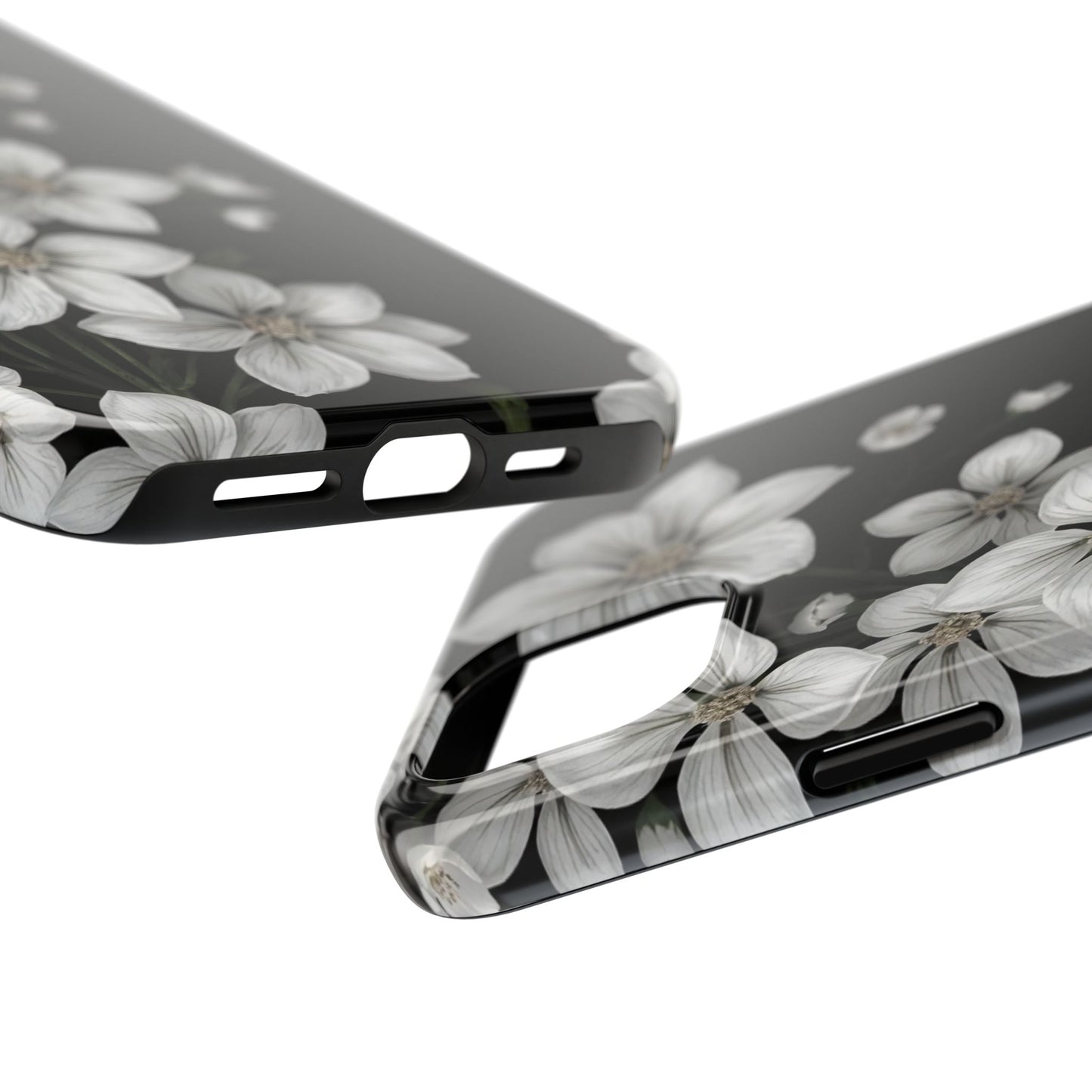 Floral Tough Phone Case - Pure Elegant White Petals on Black Background - for iPhone