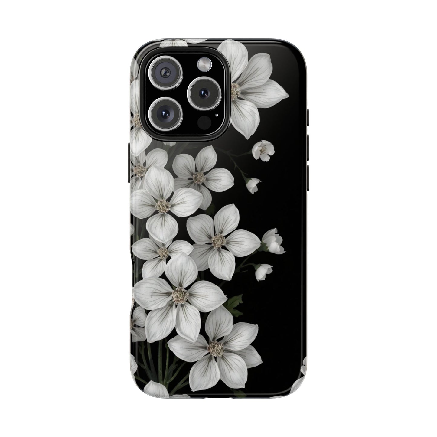 Floral Tough Phone Case - Pure Elegant White Petals on Black Background - for iPhone
