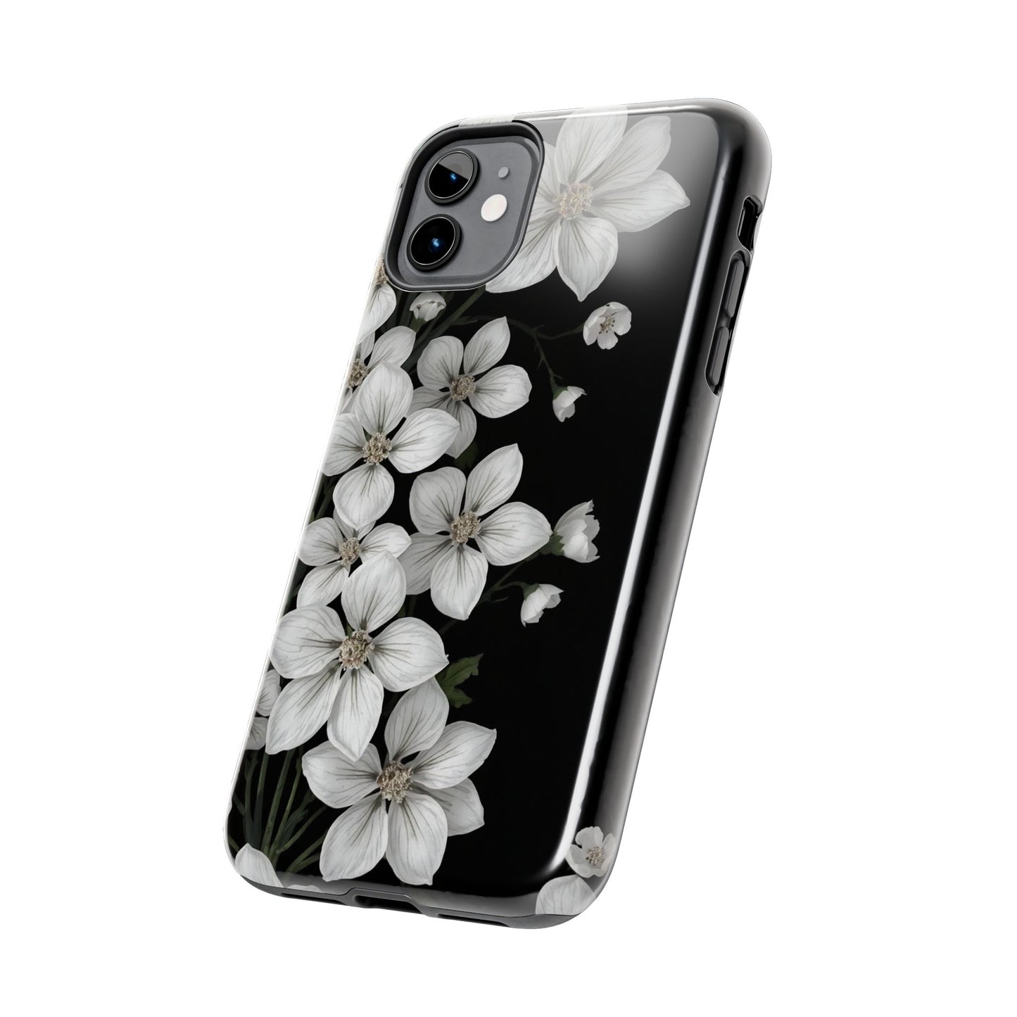Floral Tough Phone Case - Pure Elegant White Petals on Black Background - for iPhone