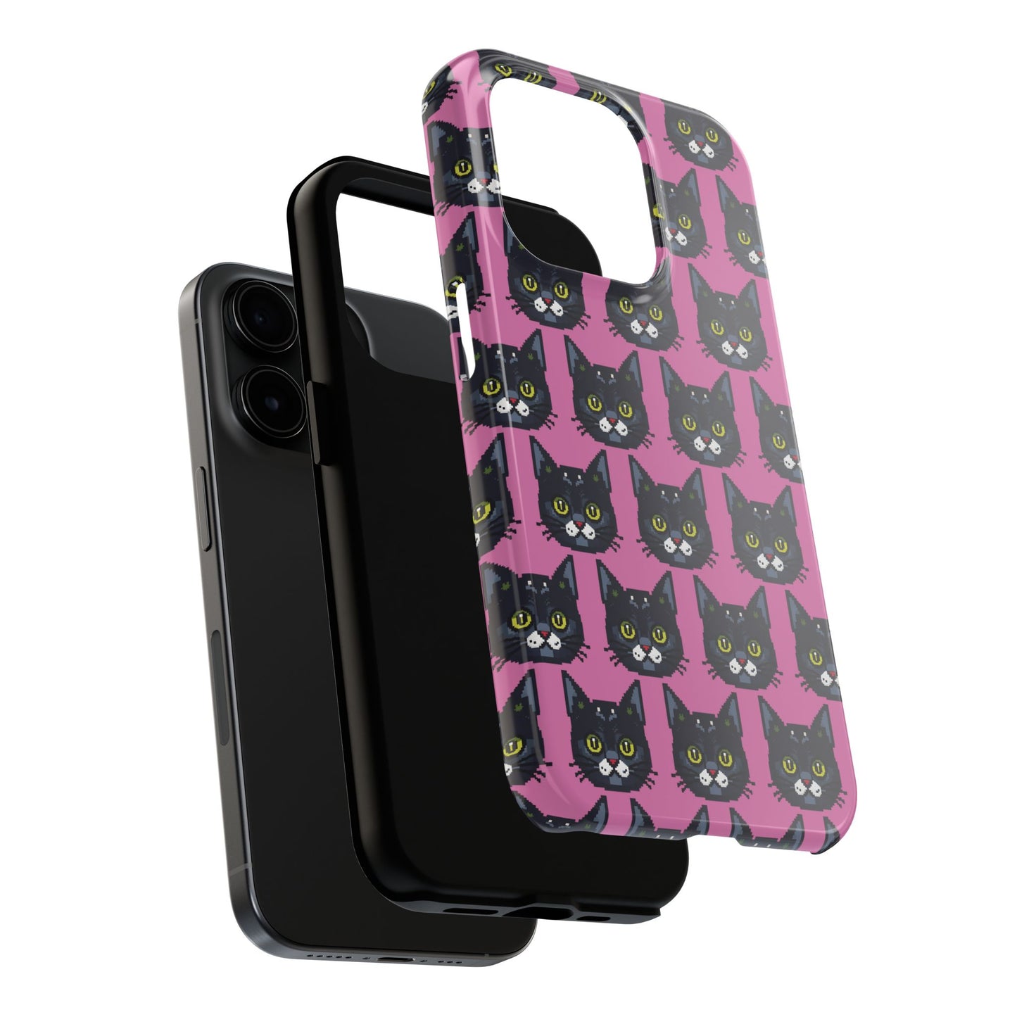 Playful Black Cat on Pink - Tough Phone Case - Pixel Cat Pattern - for iPhone