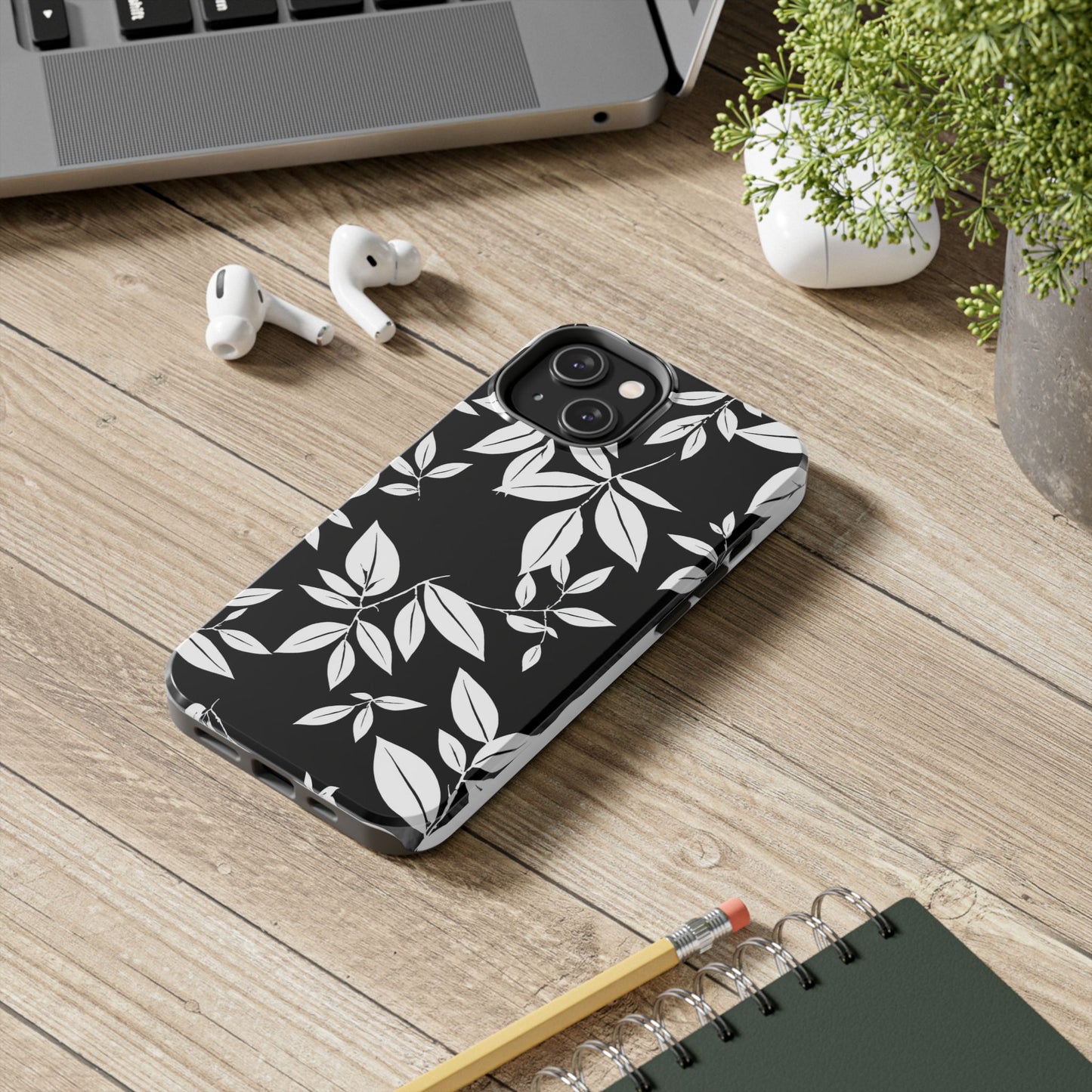 Chic Floral Tough Phone Case - Elegant Black & White Design for Stylish Protection
