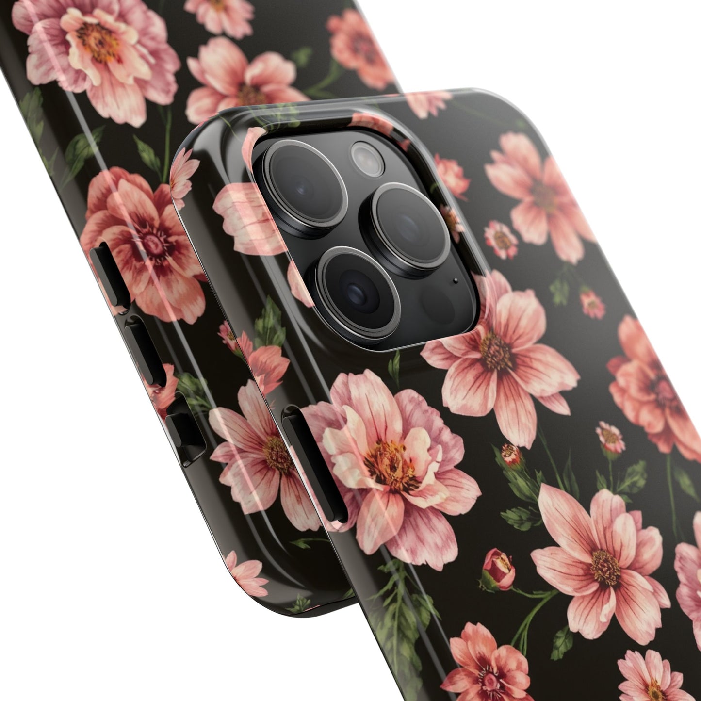 Floral Tough Phone Case - Durable Protection with Elegant Pink Flowers on Black Design - for iPhone