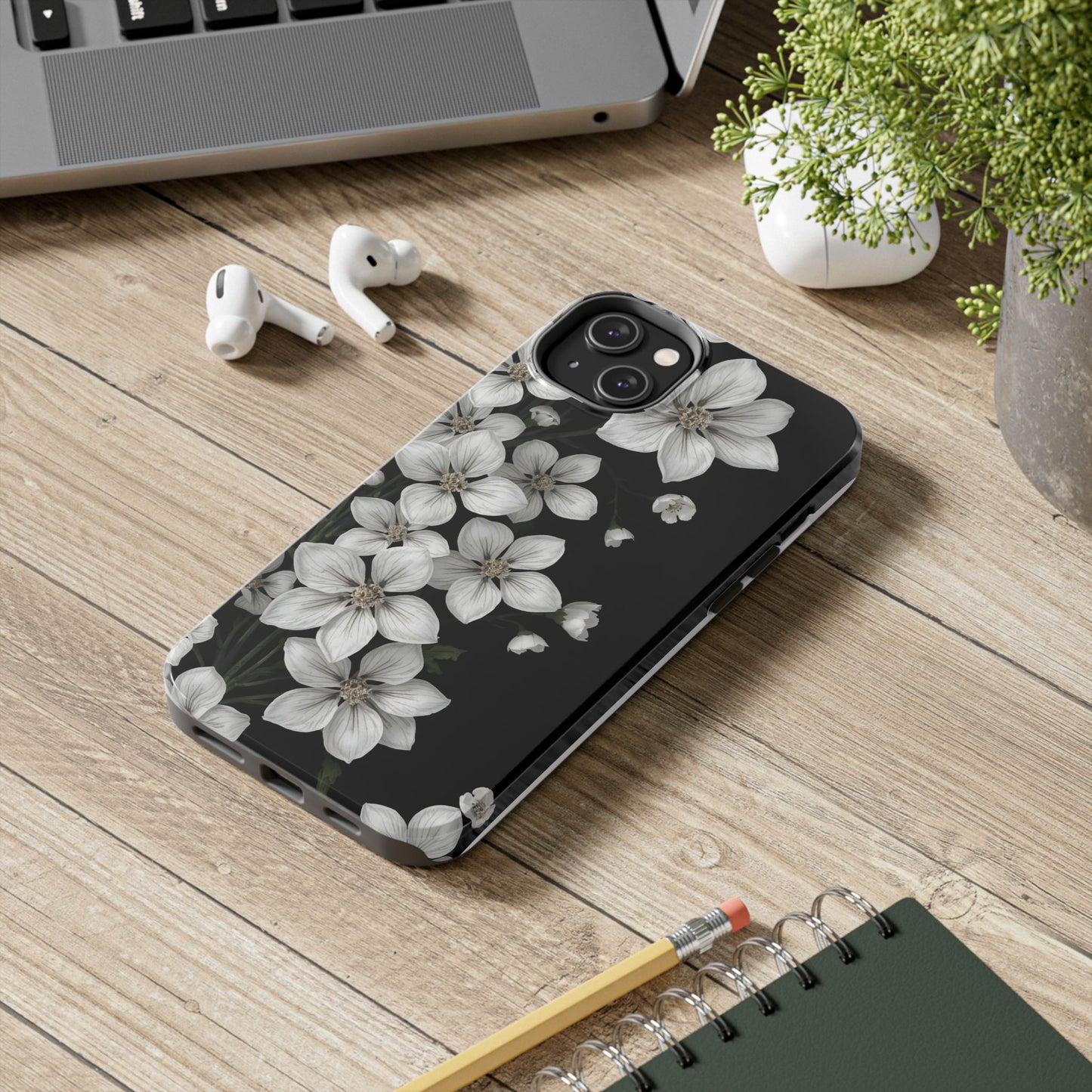 Floral Tough Phone Case - Pure Elegant White Petals on Black Background - for iPhone