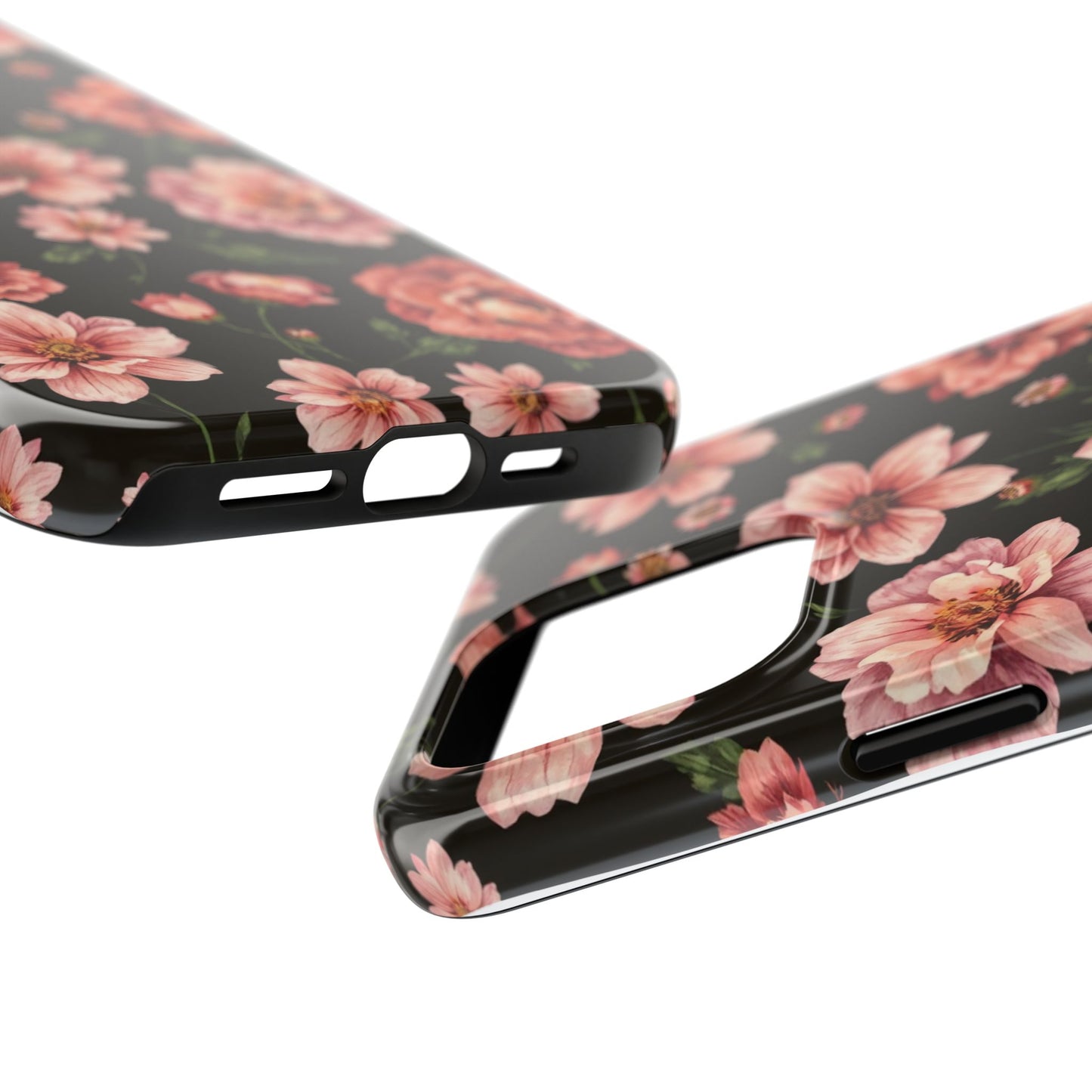 Floral Tough Phone Case - Durable Protection with Elegant Pink Flowers on Black Design - for iPhone