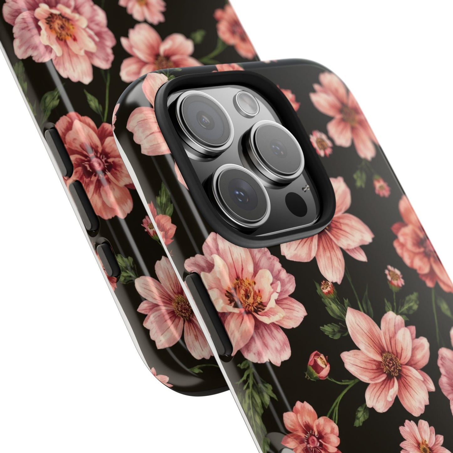 Floral Tough Phone Case - Durable Protection with Elegant Pink Flowers on Black Design - for iPhone