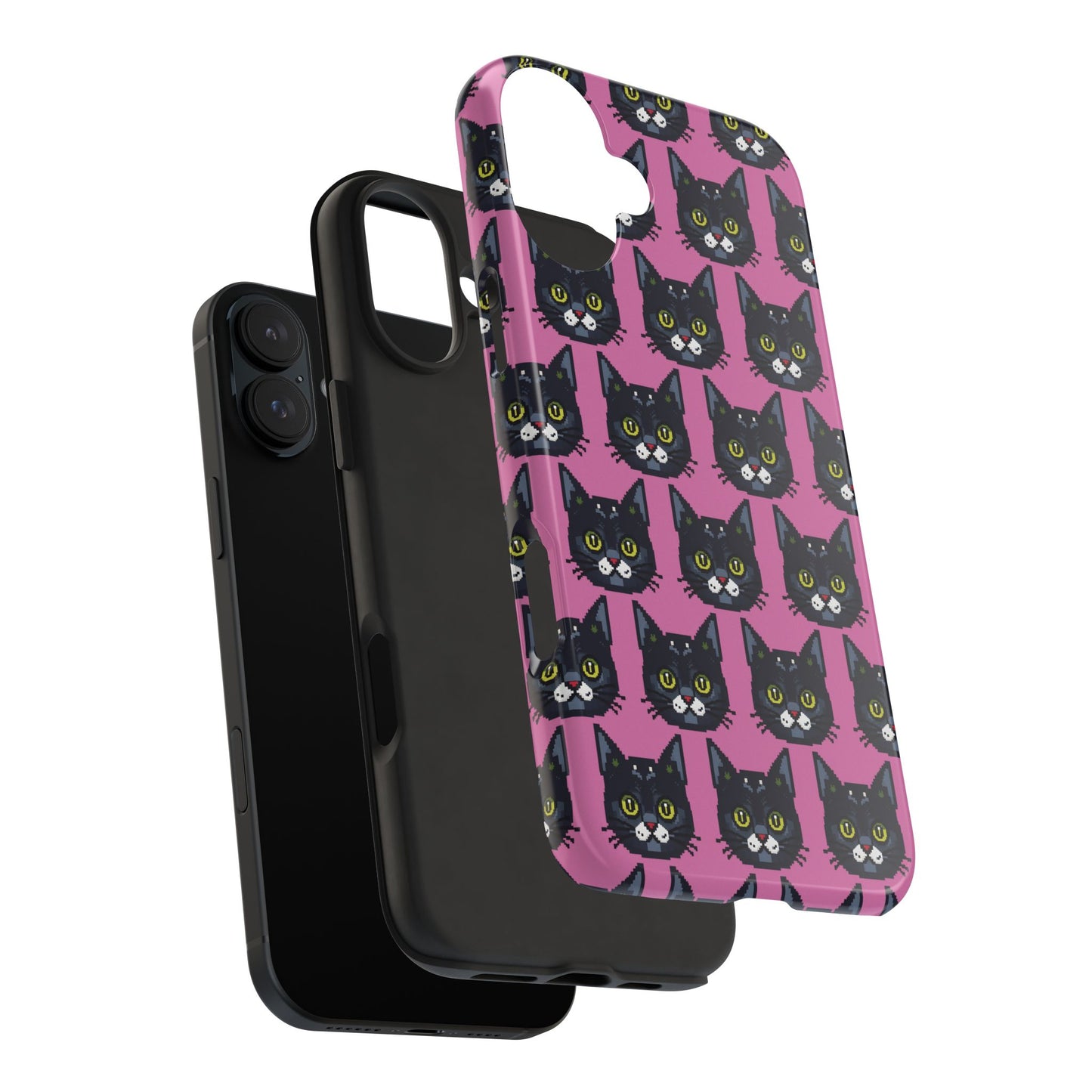 Playful Black Cat on Pink - Tough Phone Case - Pixel Cat Pattern - for iPhone