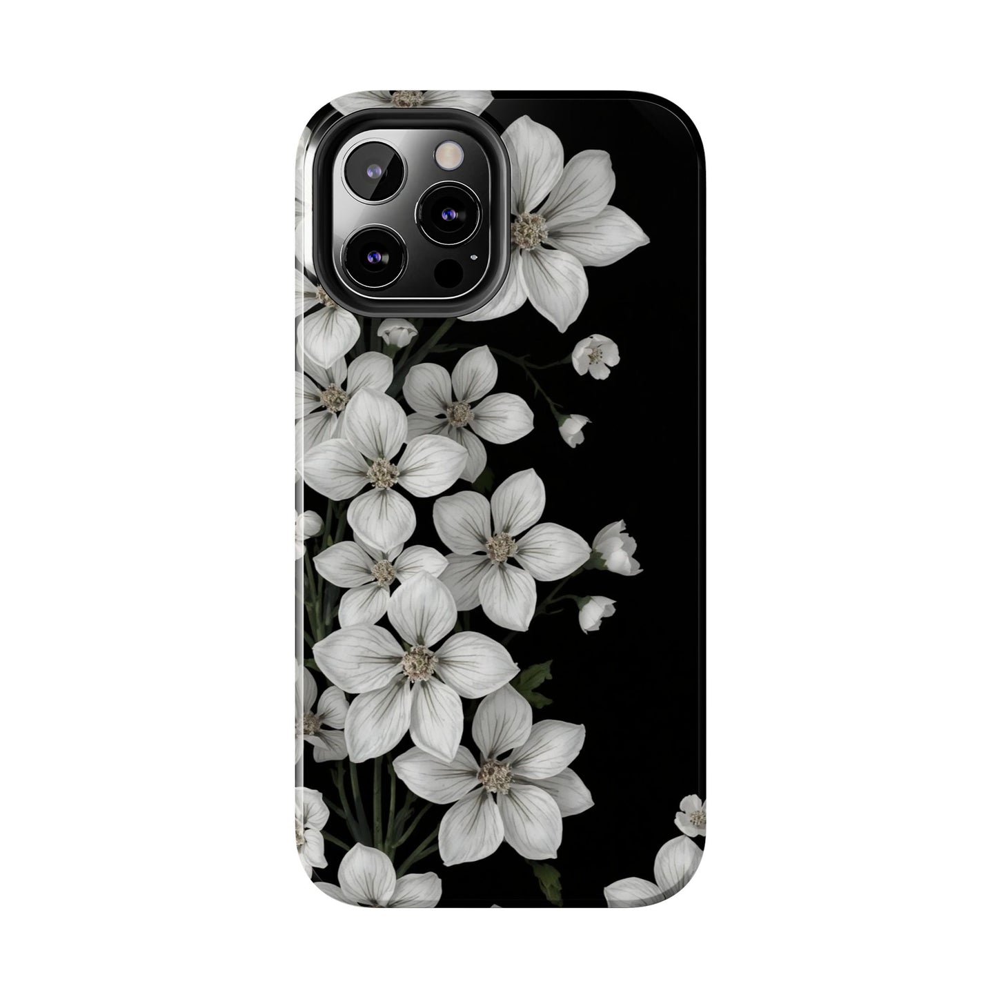 Floral Tough Phone Case - Pure Elegant White Petals on Black Background - for iPhone