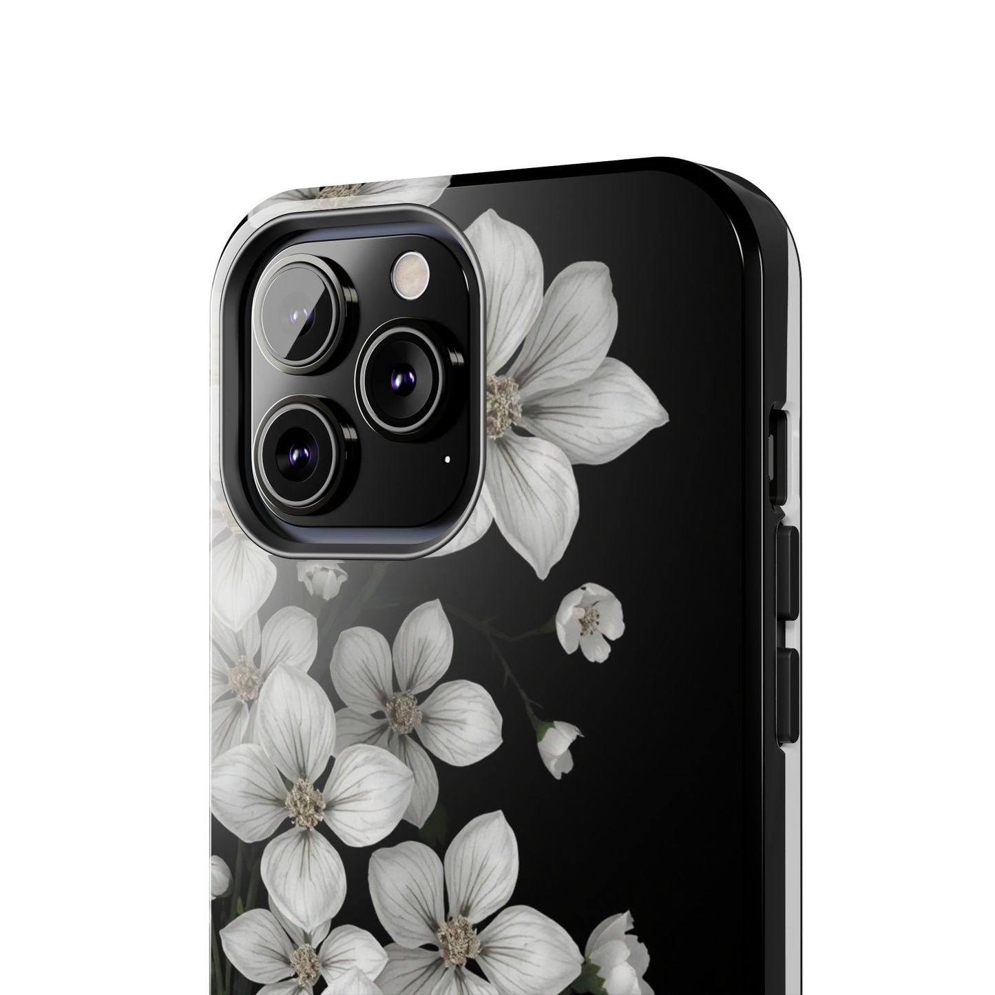 Floral Tough Phone Case - Pure Elegant White Petals on Black Background - for iPhone