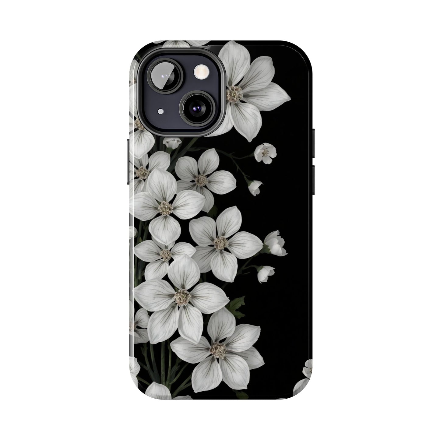 Floral Tough Phone Case - Pure Elegant White Petals on Black Background - for iPhone