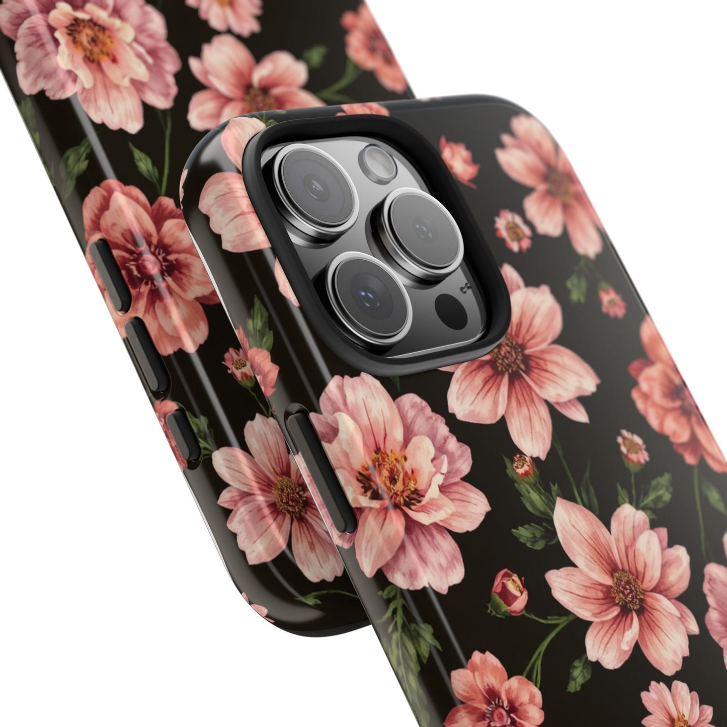 Floral Tough Phone Case - Durable Protection with Elegant Pink Flowers on Black Design - for iPhone