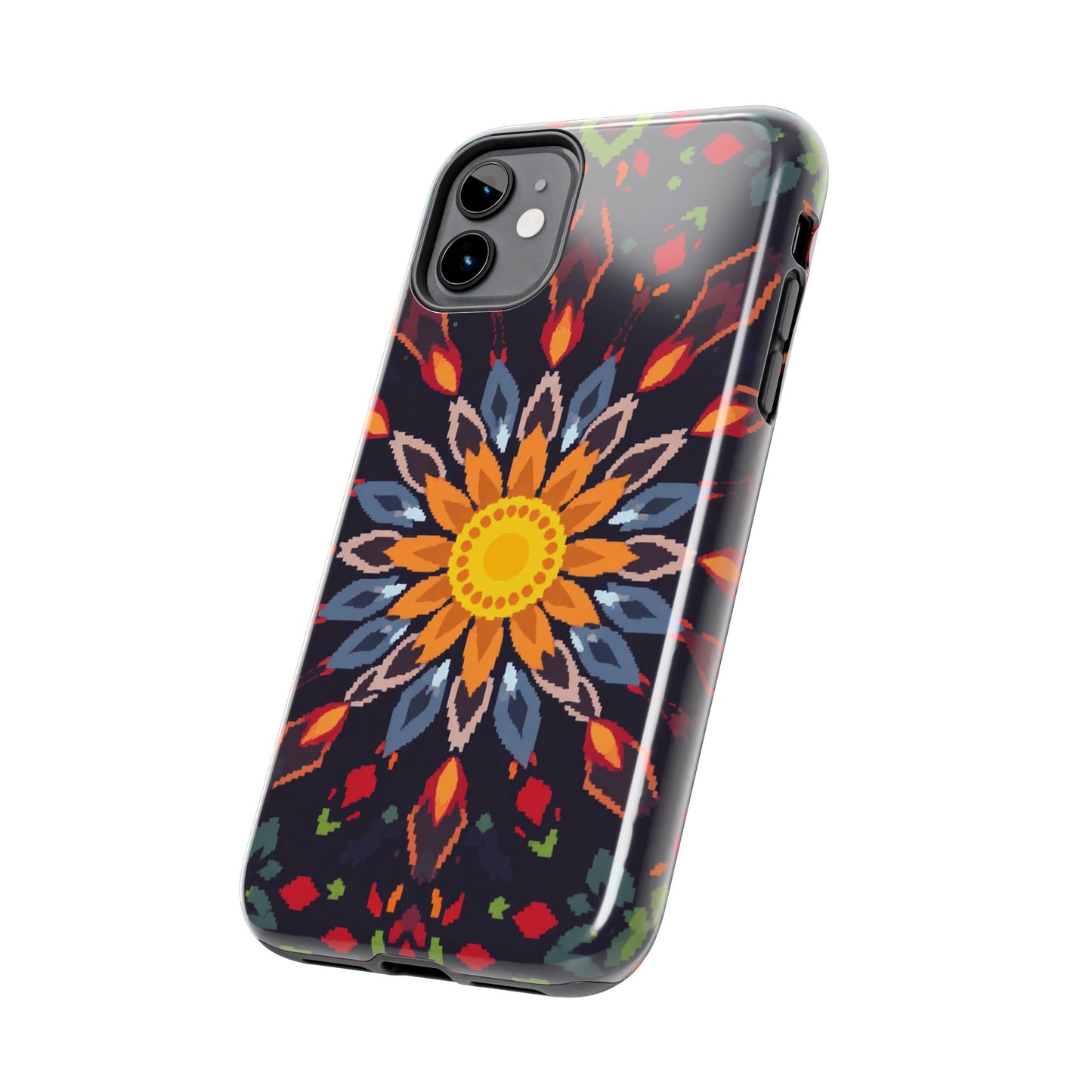 Pixel Art Floral Tough Phone Case - Pixelated Mandala Design for iPhone