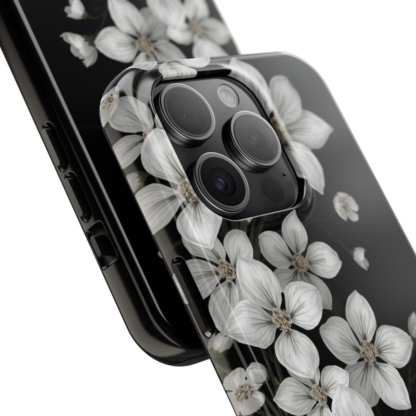 Floral Tough Phone Case - Pure Elegant White Petals on Black Background - for iPhone