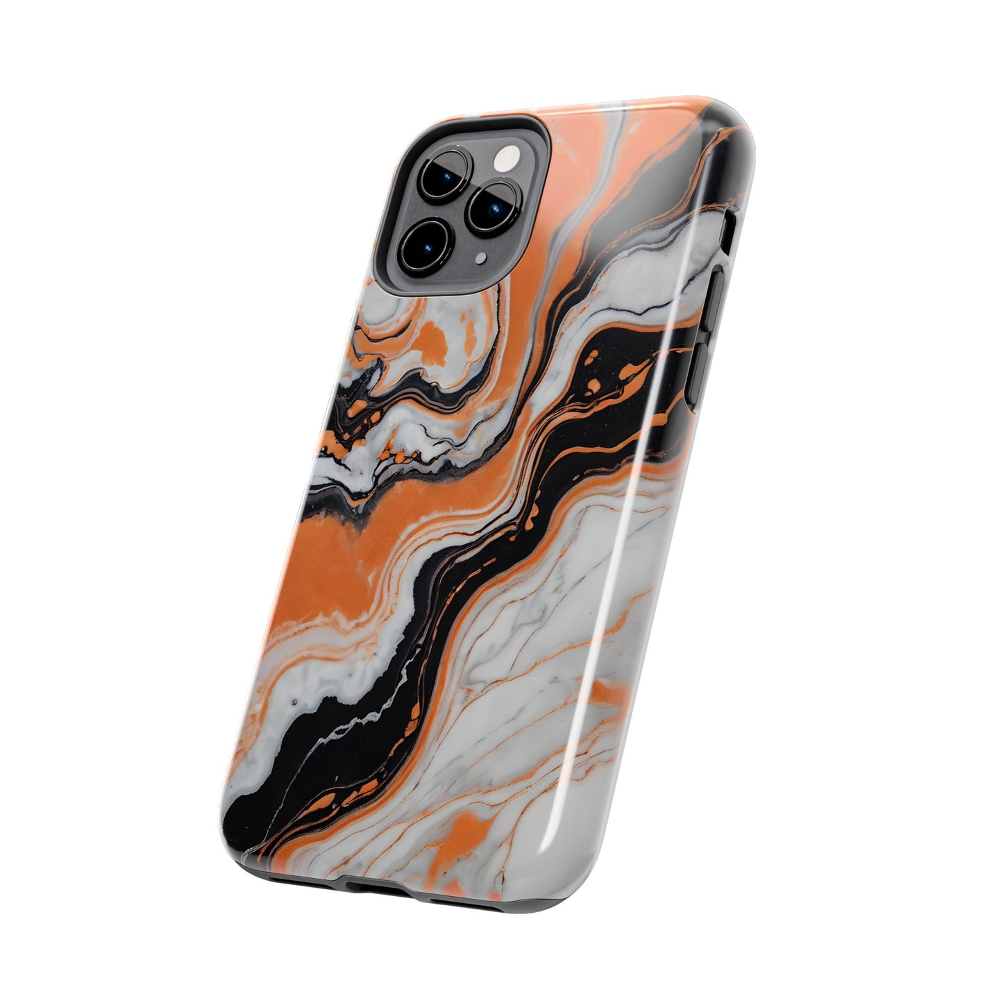 Stylish Tough Phone Case - Elegant Black, White & Orange Marble Design - for iPhone