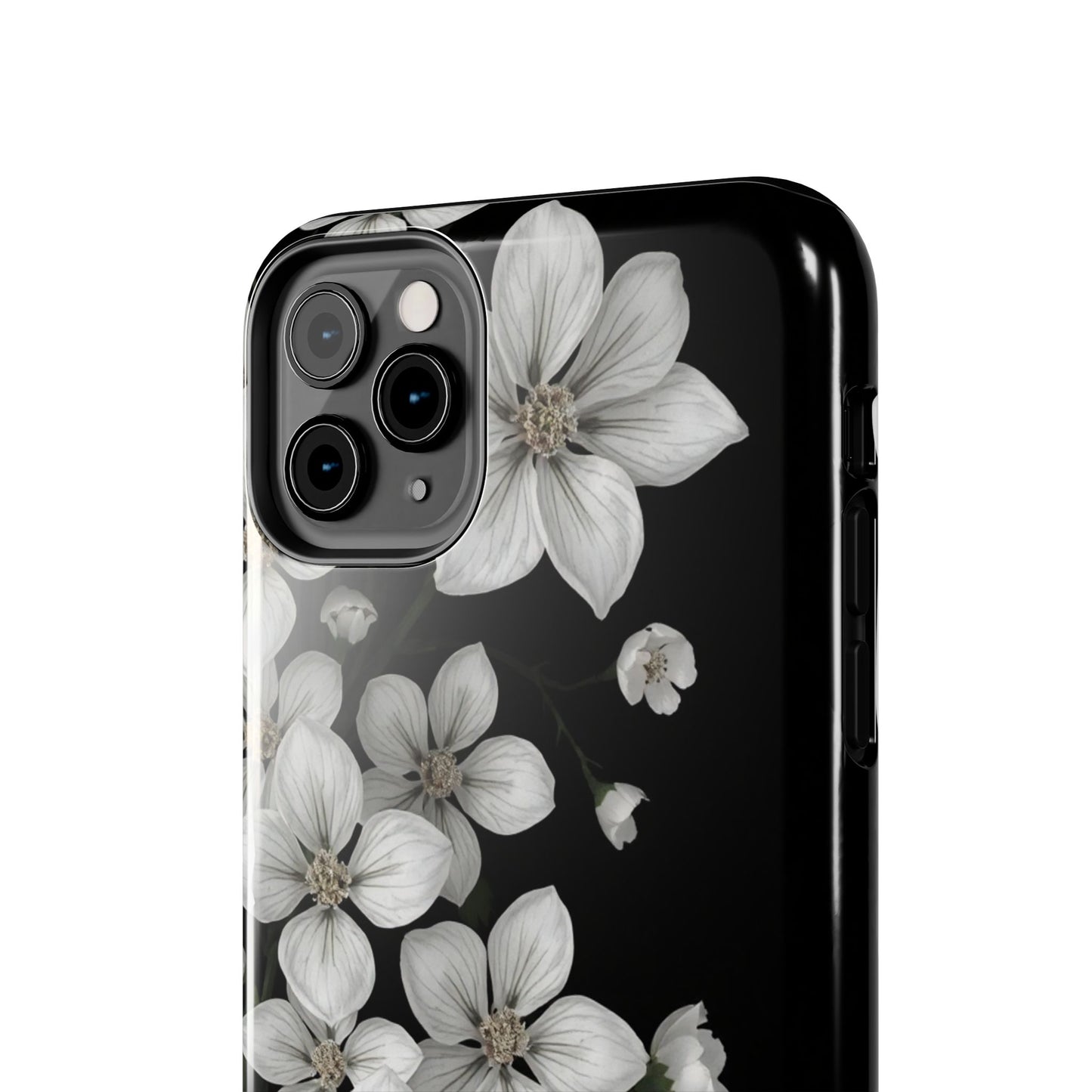 Floral Tough Phone Case - Pure Elegant White Petals on Black Background - for iPhone
