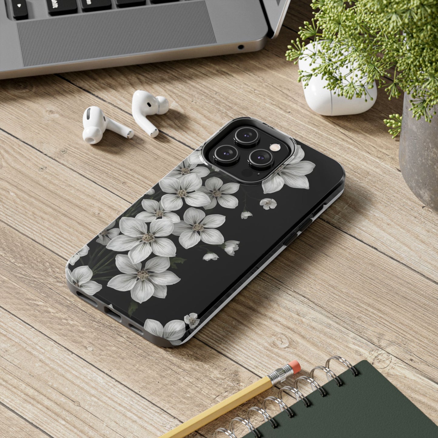 Floral Tough Phone Case - Pure Elegant White Petals on Black Background - for iPhone