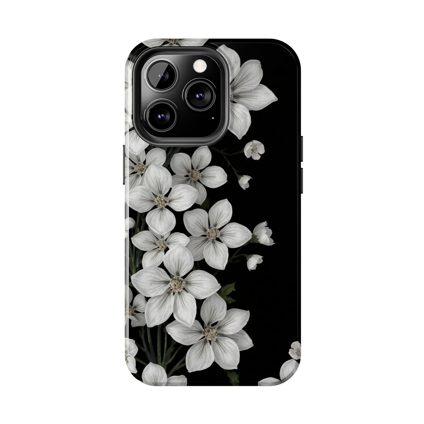 Floral Tough Phone Case - Pure Elegant White Petals on Black Background - for iPhone