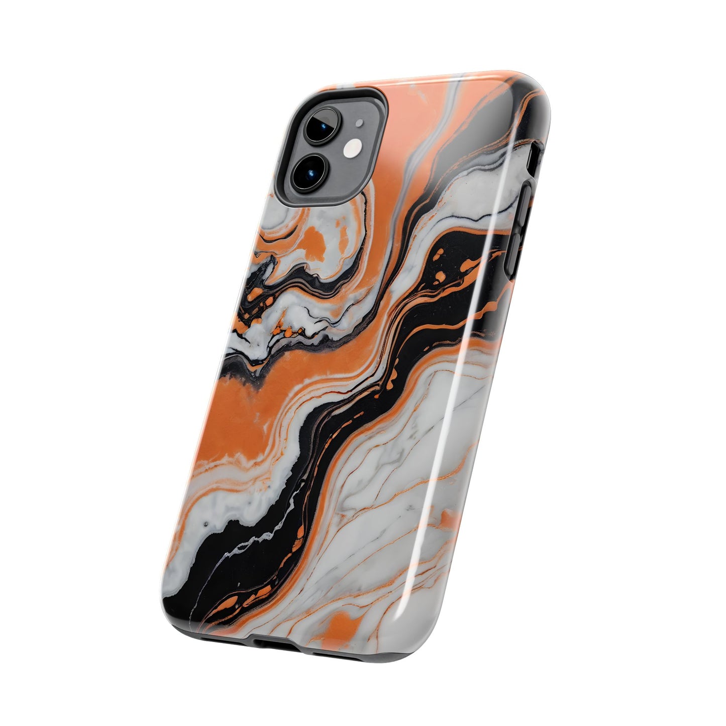 Stylish Tough Phone Case - Elegant Black, White & Orange Marble Design - for iPhone