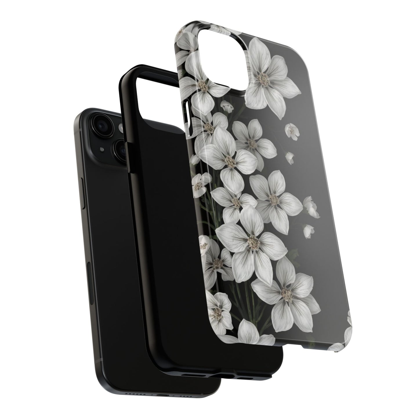 Floral Tough Phone Case - Pure Elegant White Petals on Black Background - for iPhone