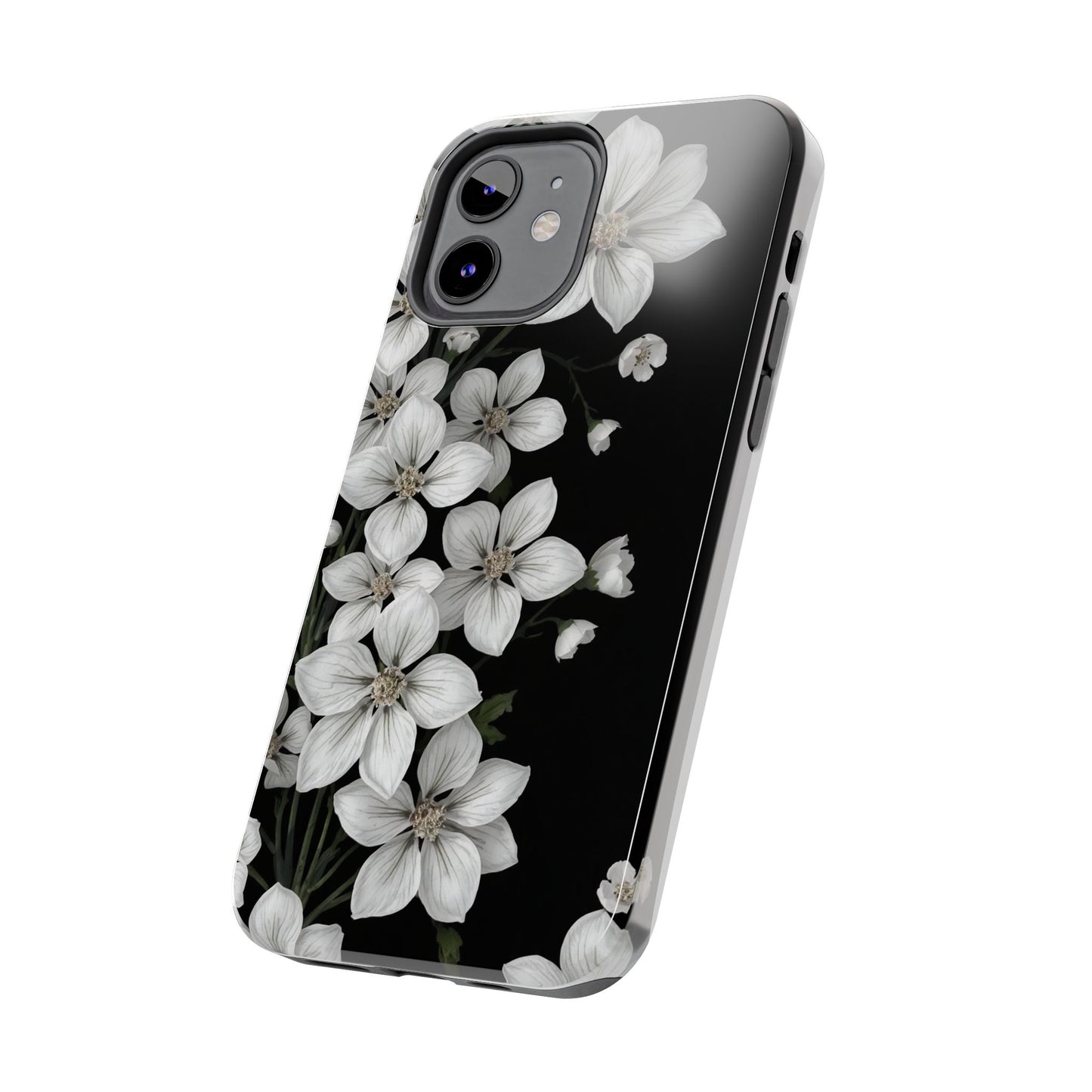 Floral Tough Phone Case - Pure Elegant White Petals on Black Background - for iPhone