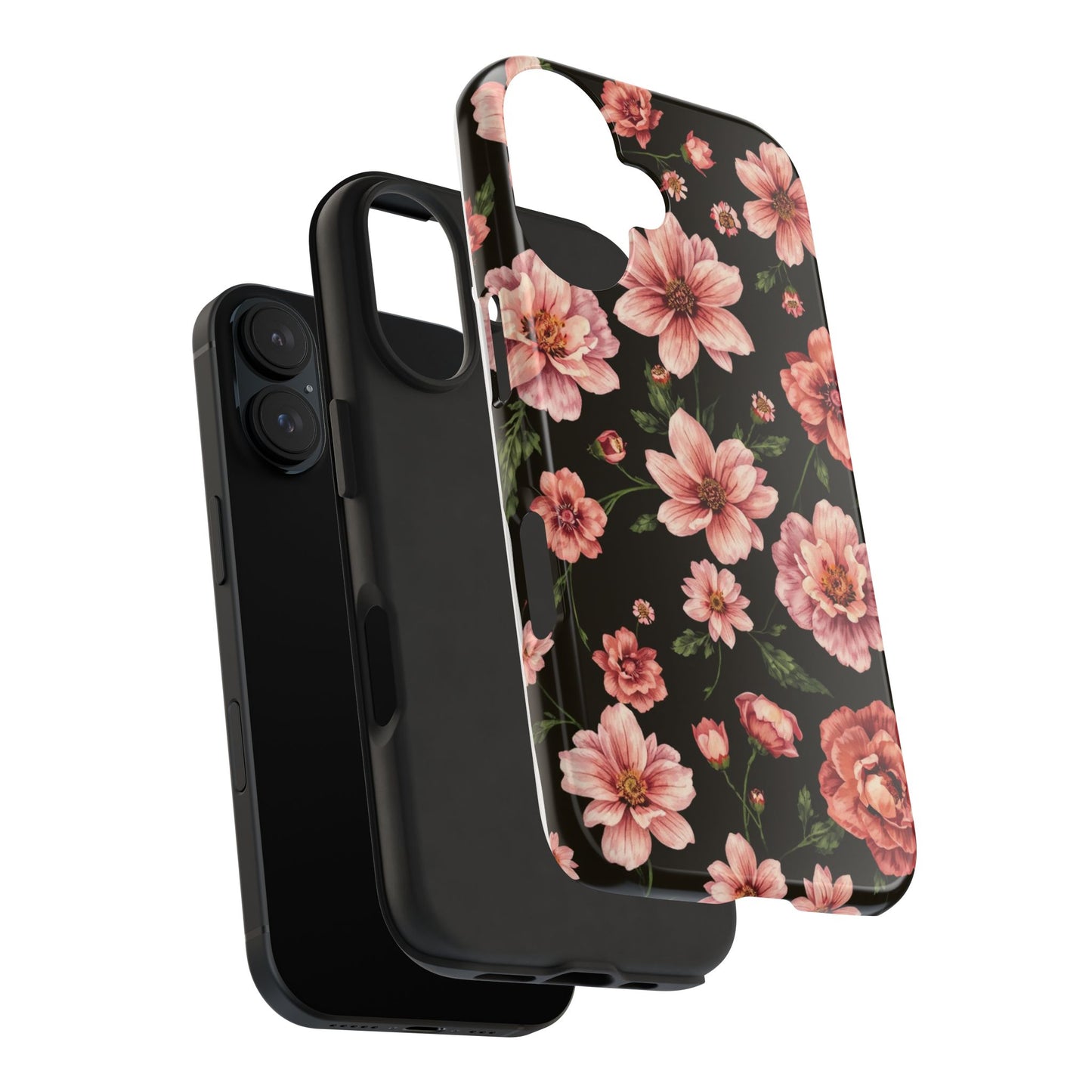 Floral Tough Phone Case - Durable Protection with Elegant Pink Flowers on Black Design - for iPhone