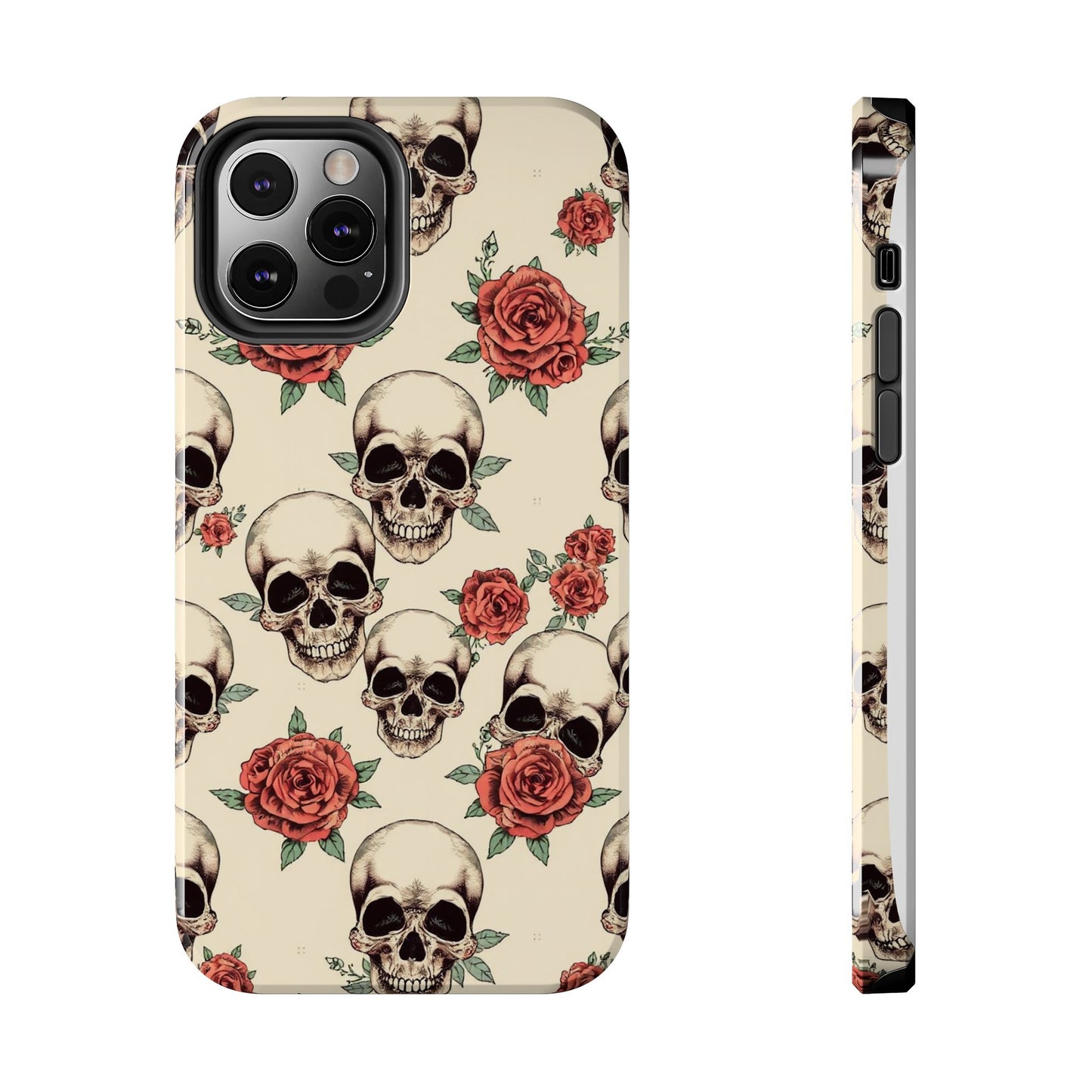 Tough Phone Case with Skull and Rose Design - Edgy Floral iPhone Protection