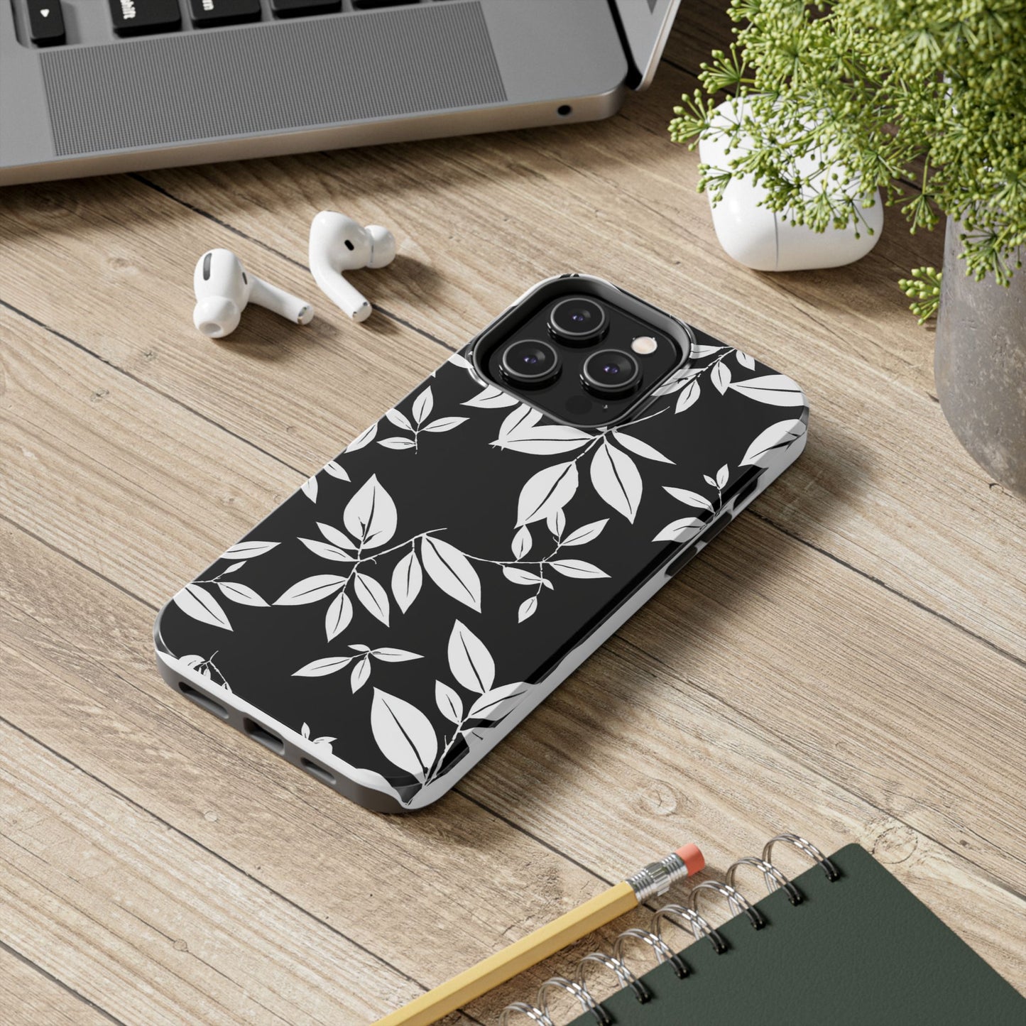 Chic Floral Tough Phone Case - Elegant Black & White Design for Stylish Protection