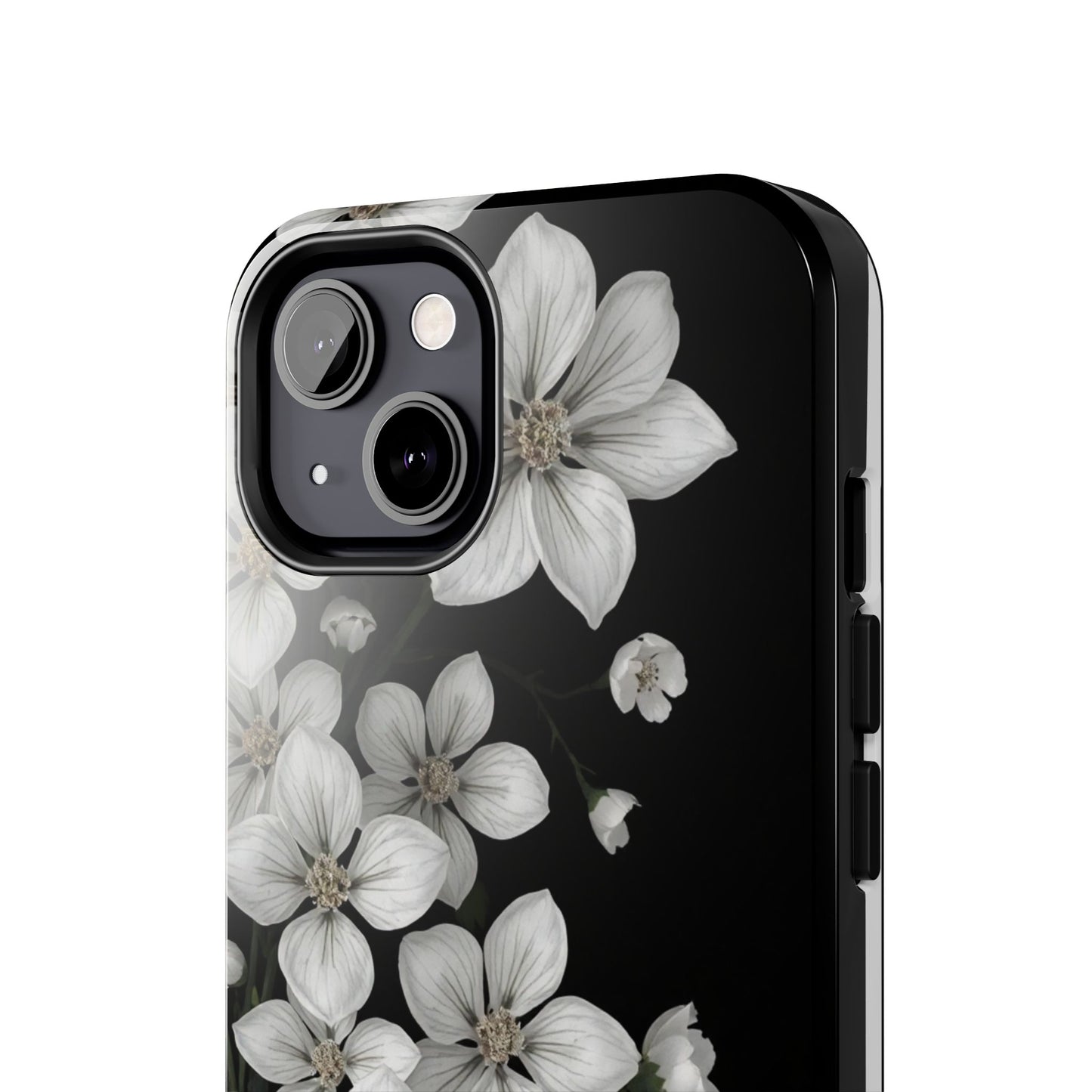 Floral Tough Phone Case - Pure Elegant White Petals on Black Background - for iPhone